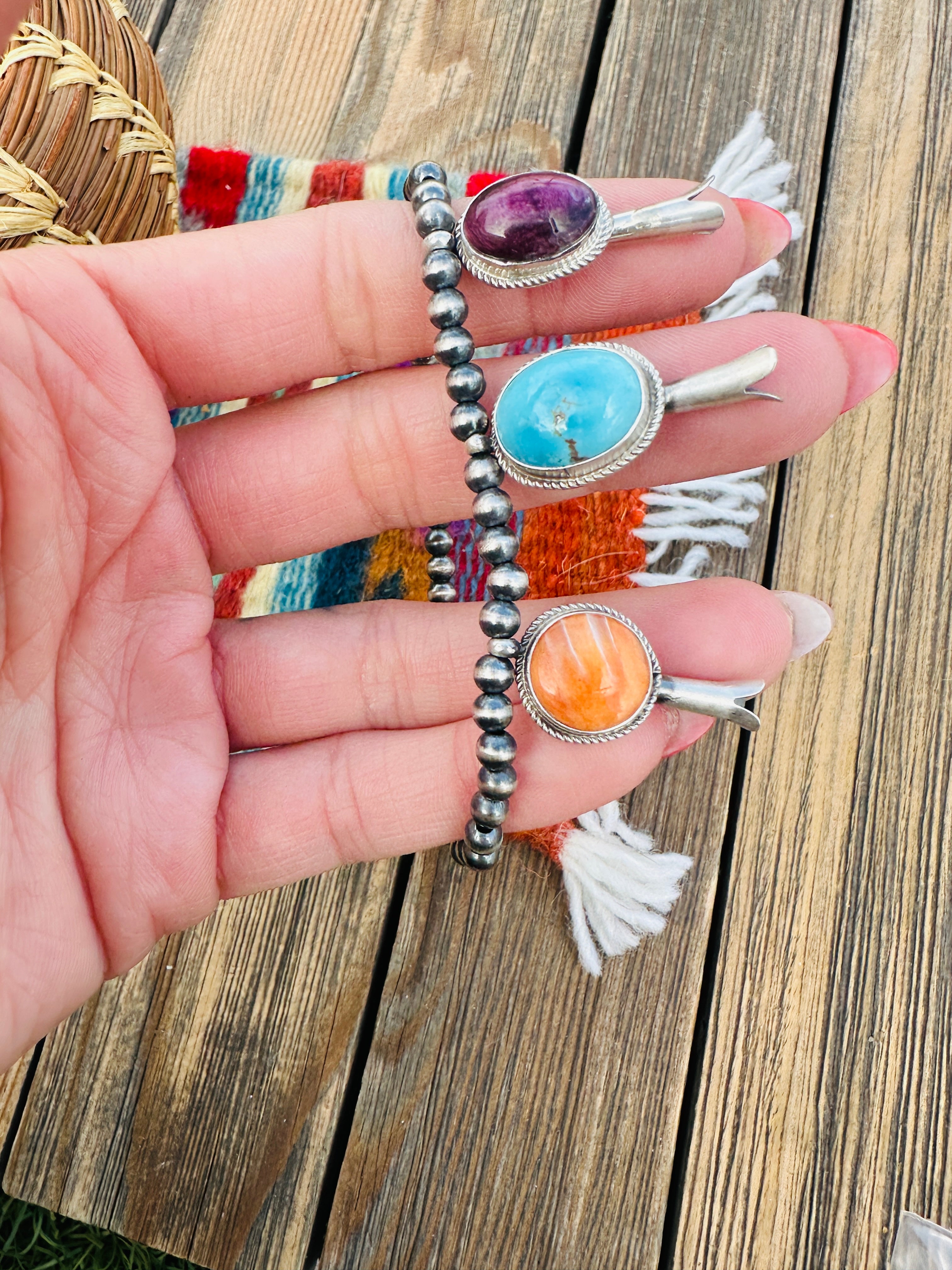 Handcrafted 3mm Sterling Silver Pearl, Turquoise & Spiny Oyster Blossom Stretch Bracelet