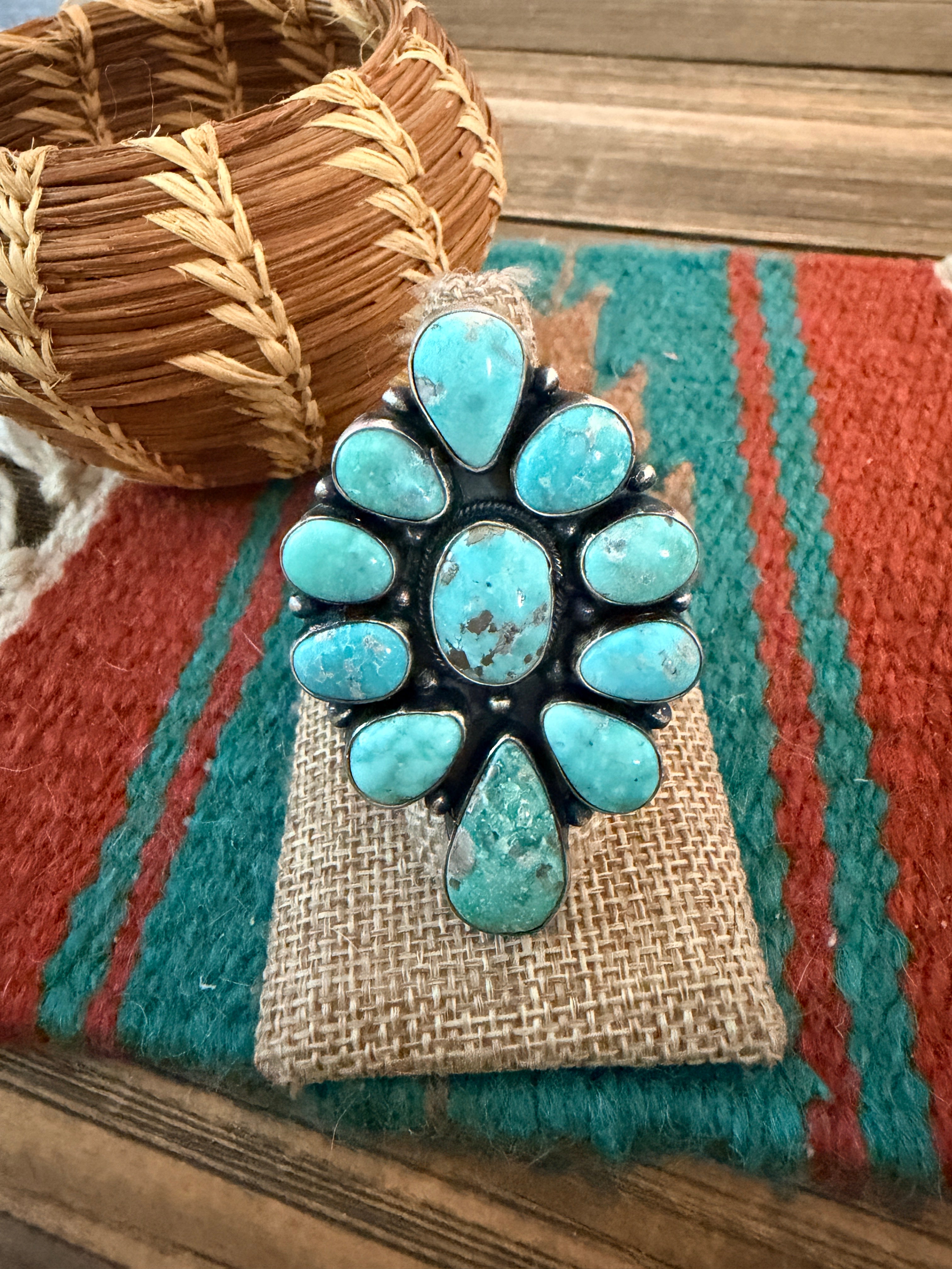 Handcrafted Kingman Turquoise & Sterling Silver Cluster Ring Size 8.25 by Sheila Becenti