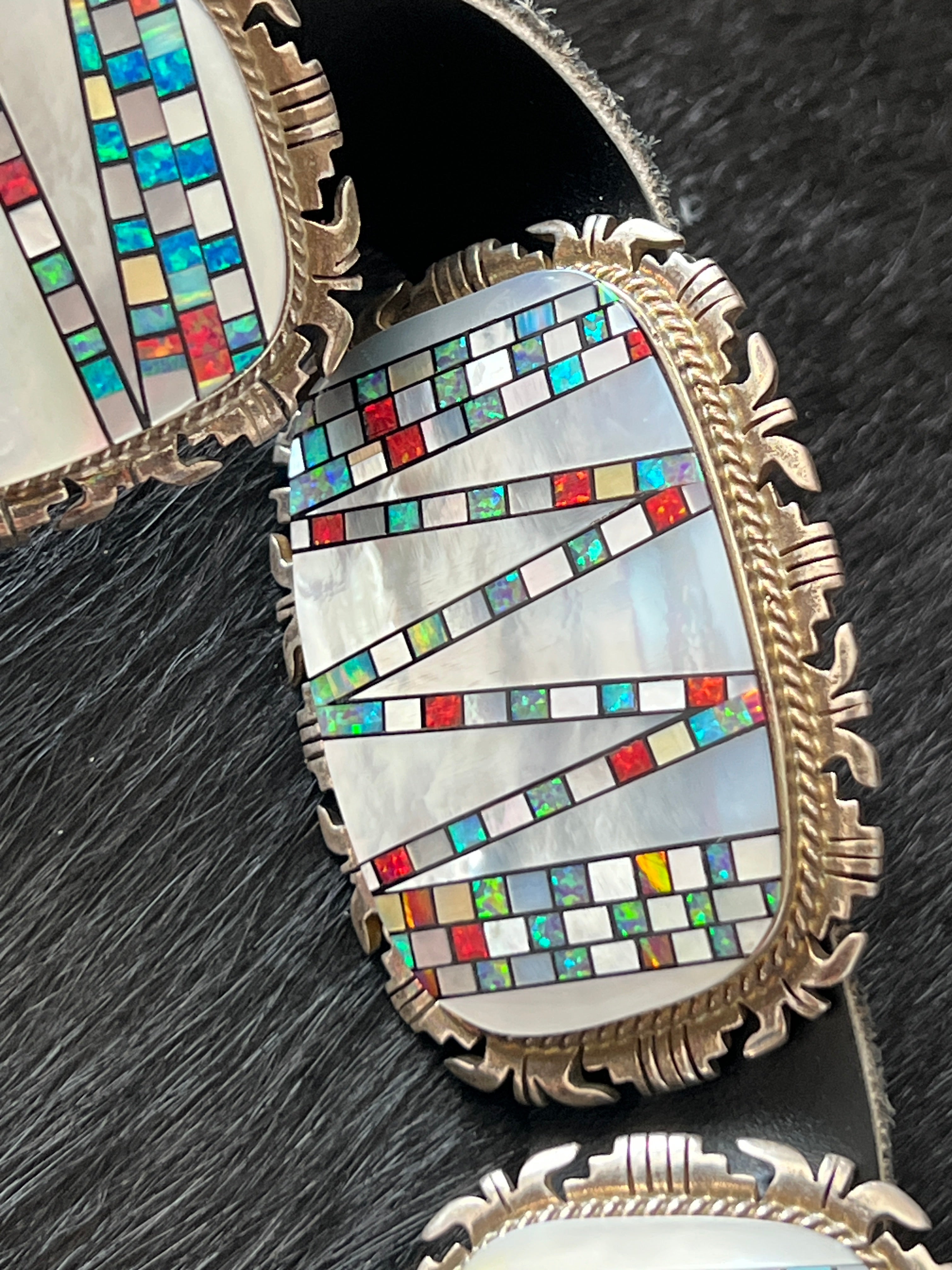 Tremendous Old Pawn Handcrafted Sterling Silver, Mother of Pearl and Opal Inlay Concho Belt by Albert Francisco