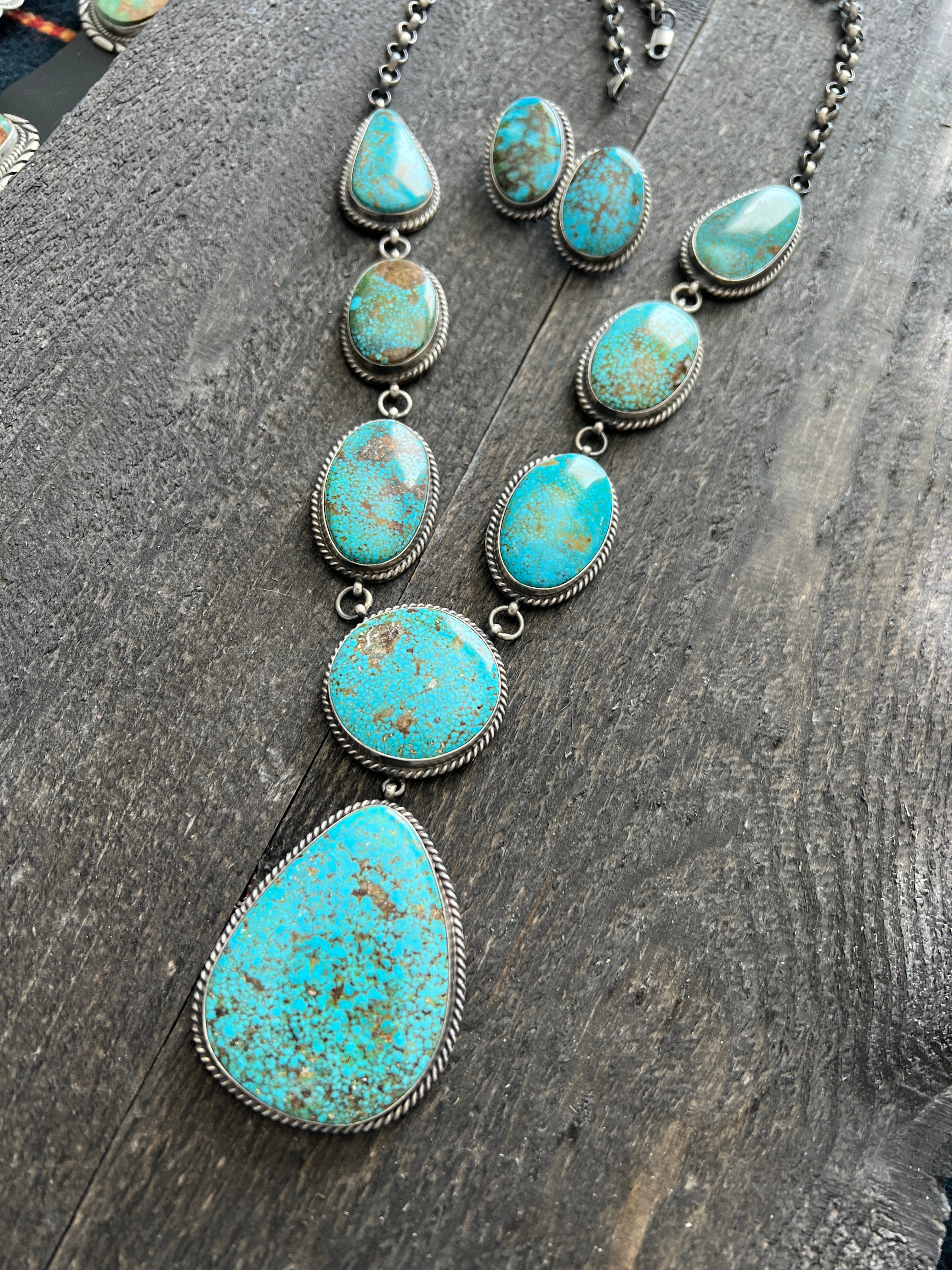 Handcrafted Sterling Silver and Birdseye Kingman Turquoise Y-Style Lariat Necklace and Earrings Set by Peggy Skeets