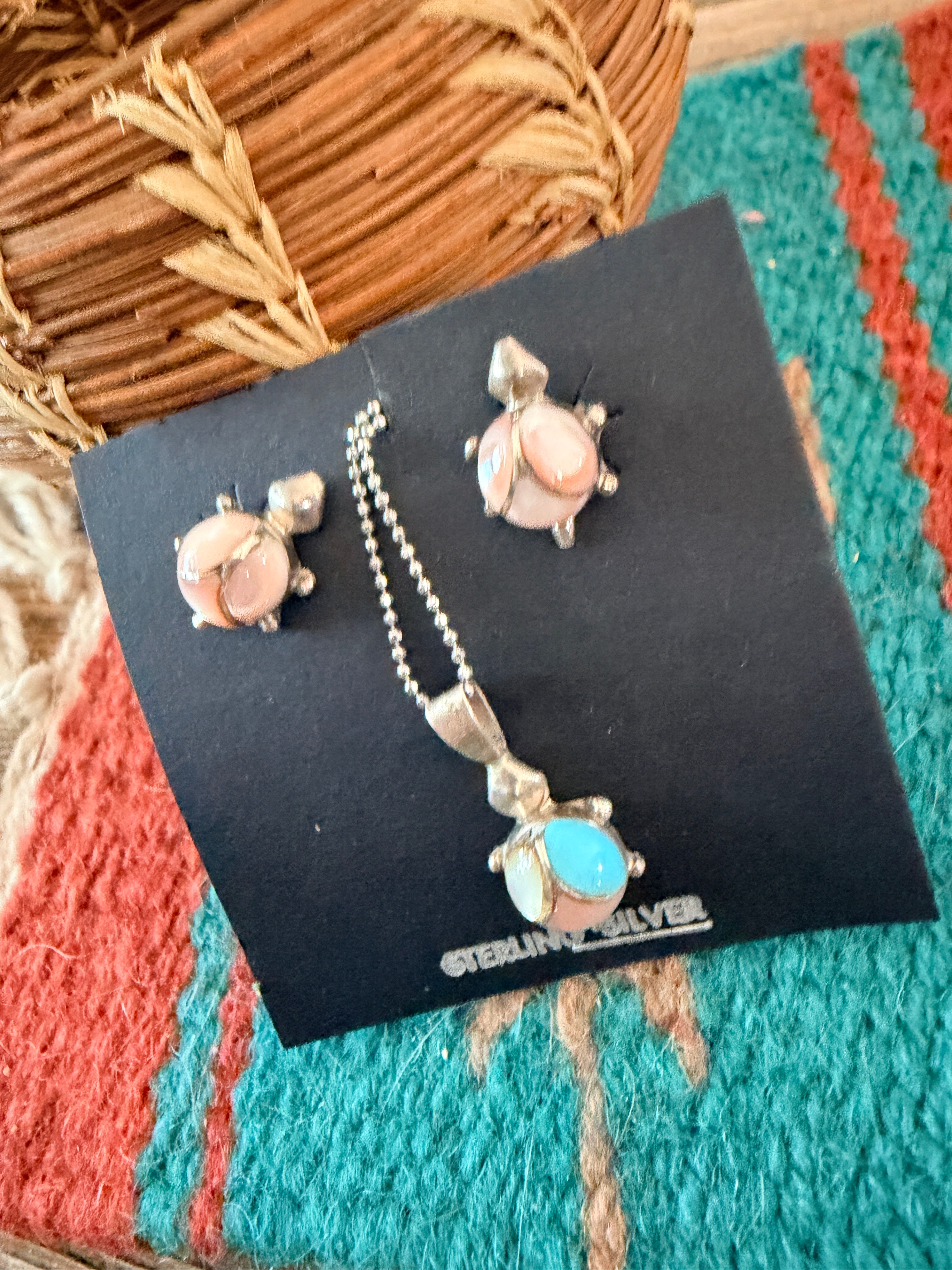Handcrafted Old Pawn Mother of Pearl & Sterling Silver Turtle Necklace and Earring Set