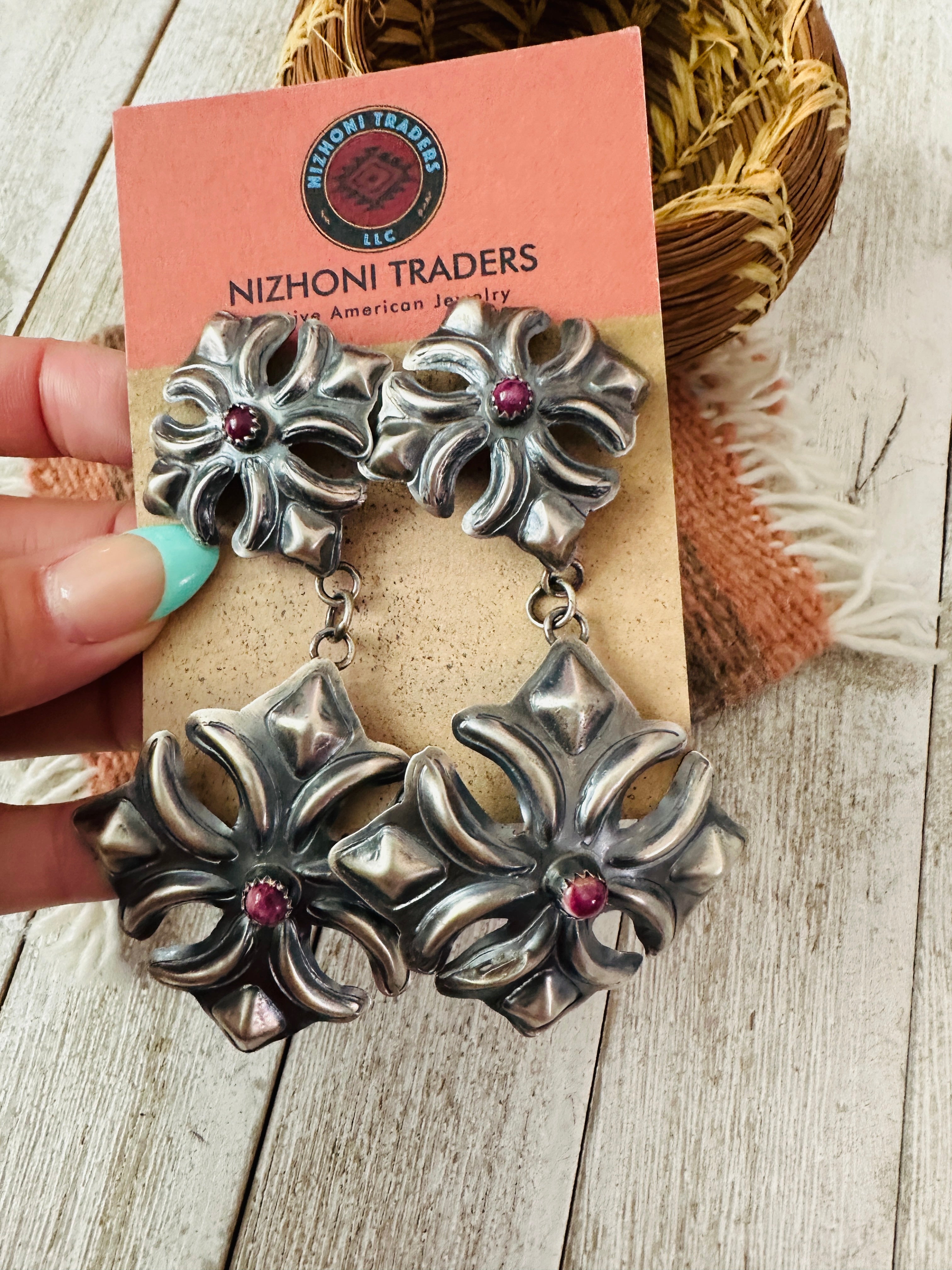 Handcrafted Purple Spiny & Sterling Silver Concho Dangle Earrings by Tim Yazzie