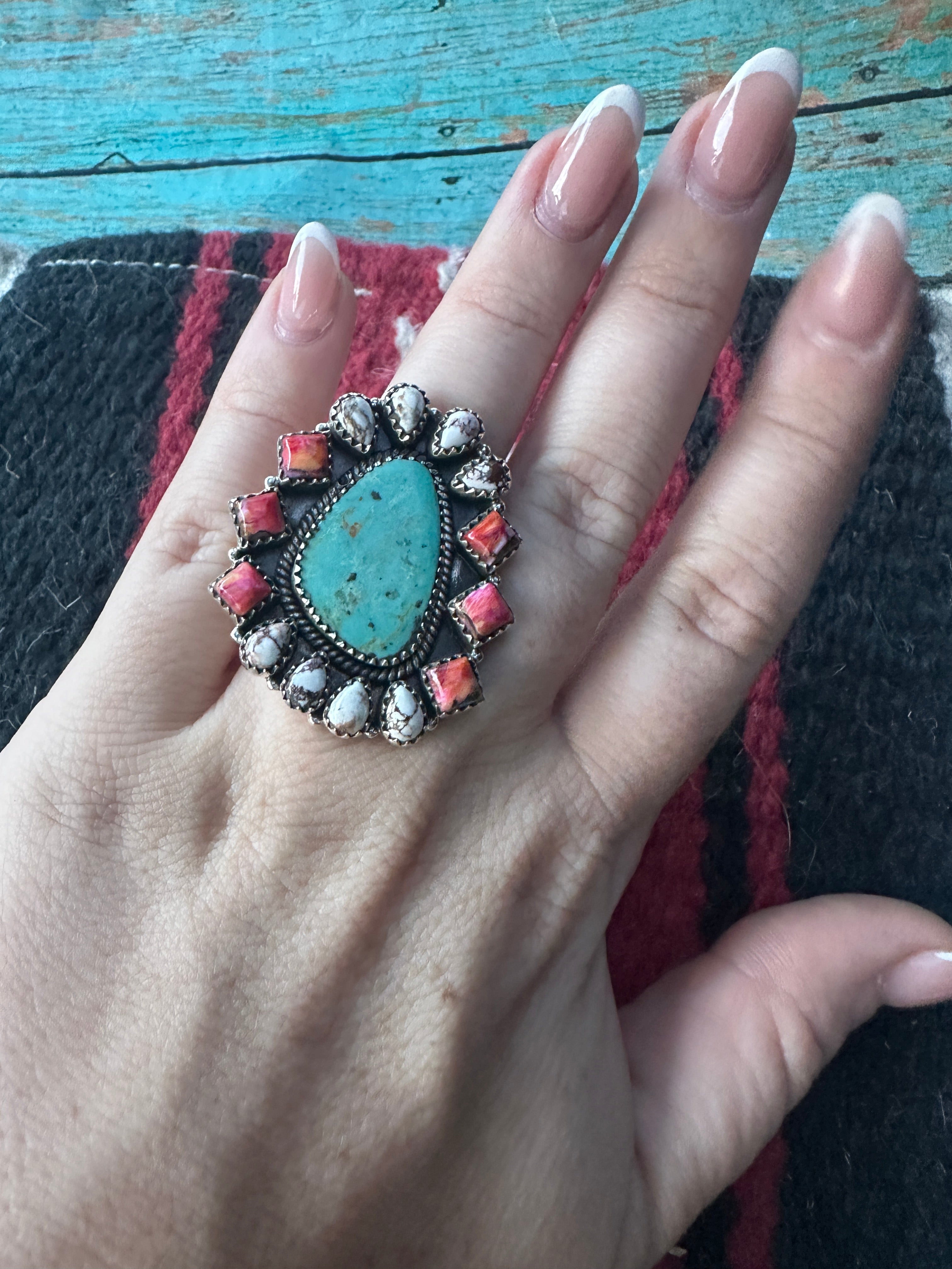 Beautiful Handmade Turquoise, Pink Dream Mojave, Wild Horse And Sterling Silver Adjustable Ring