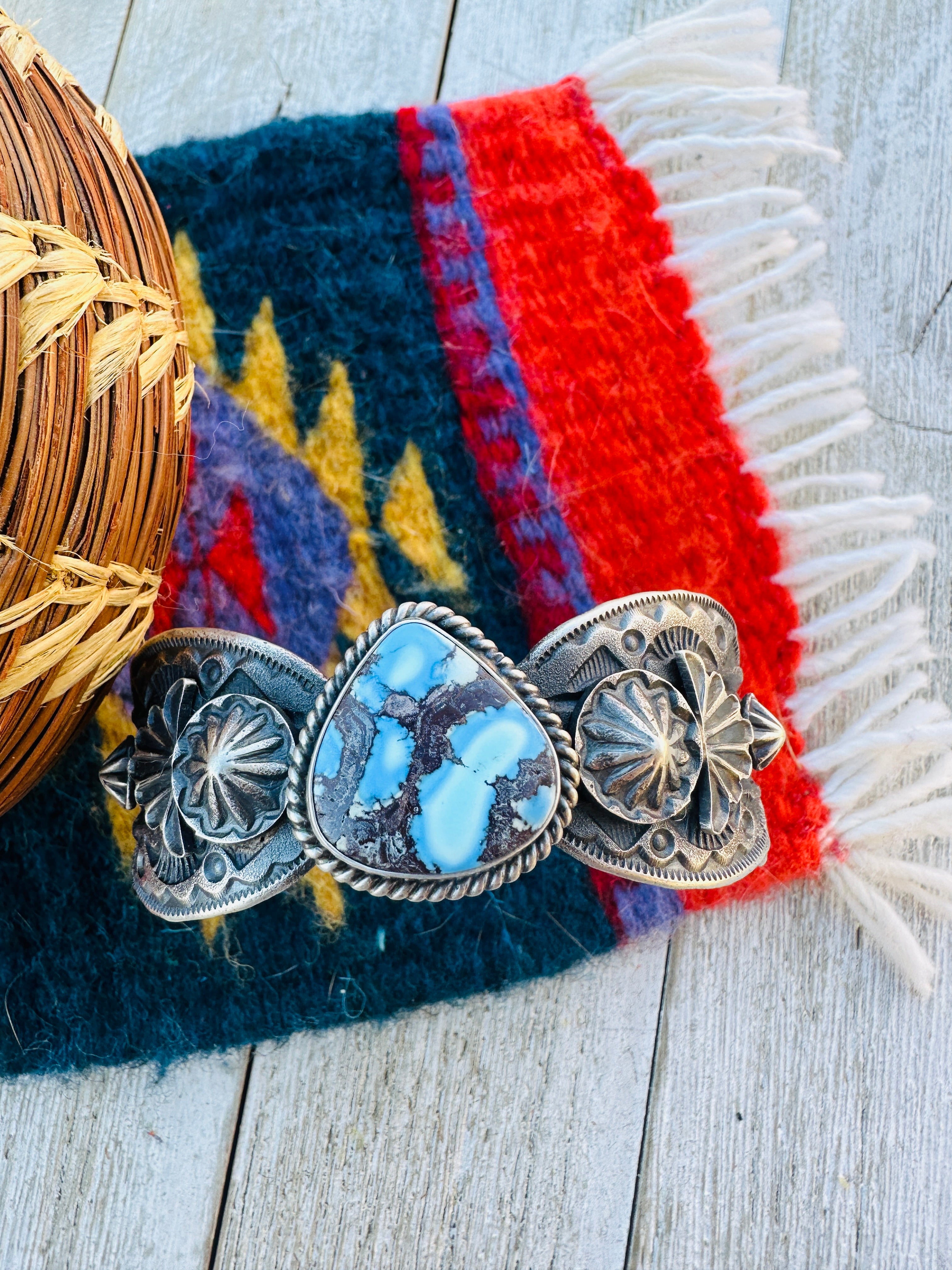 Handcrafted Golden Hills Turquoise & Sterling Silver Cuff Bracelet by Kevin Billah