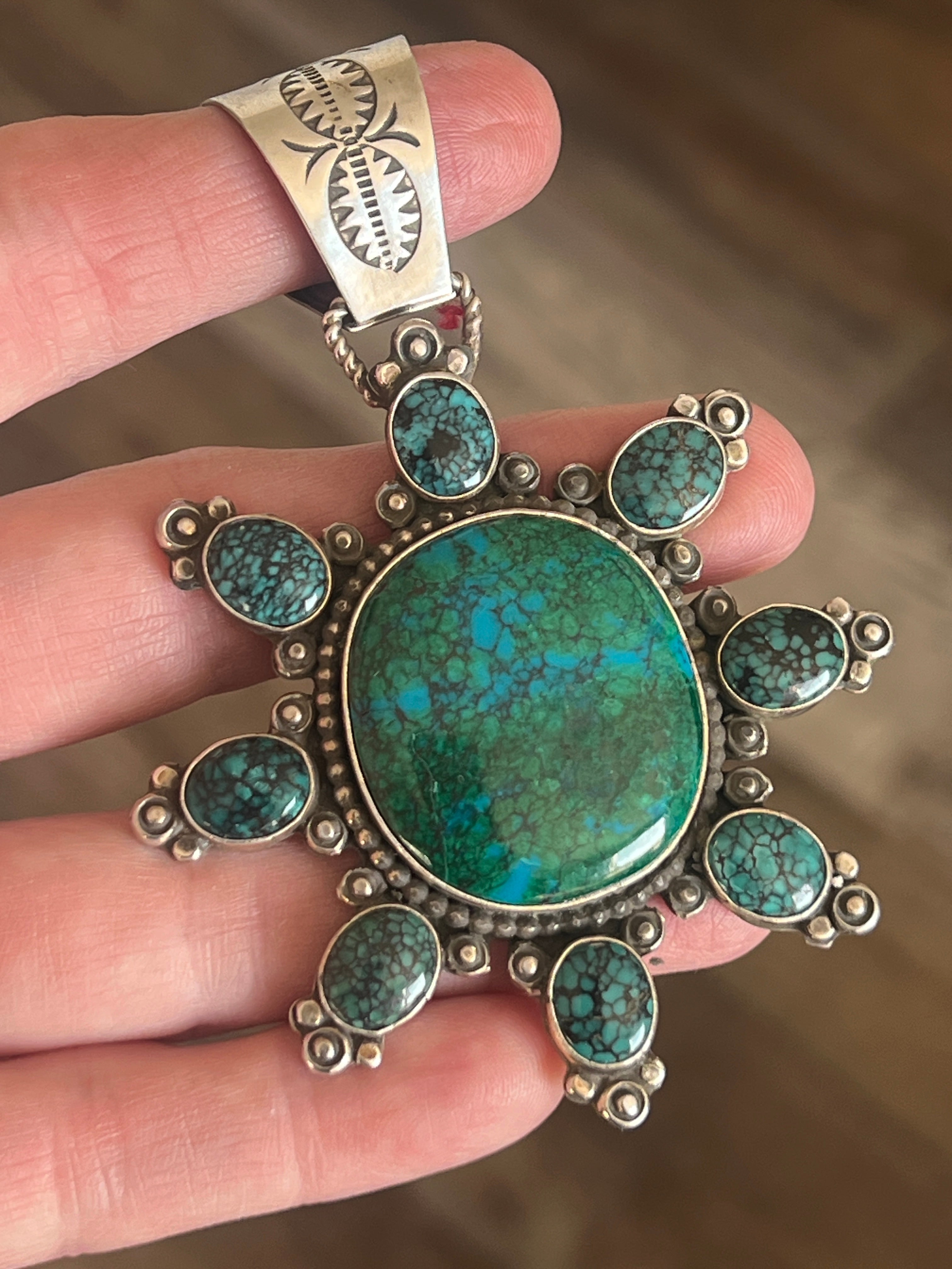 Apache Made Sterling Silver, Hubei Turquoise & Chrysocolla Cluster Pendant by Rosella Paxson