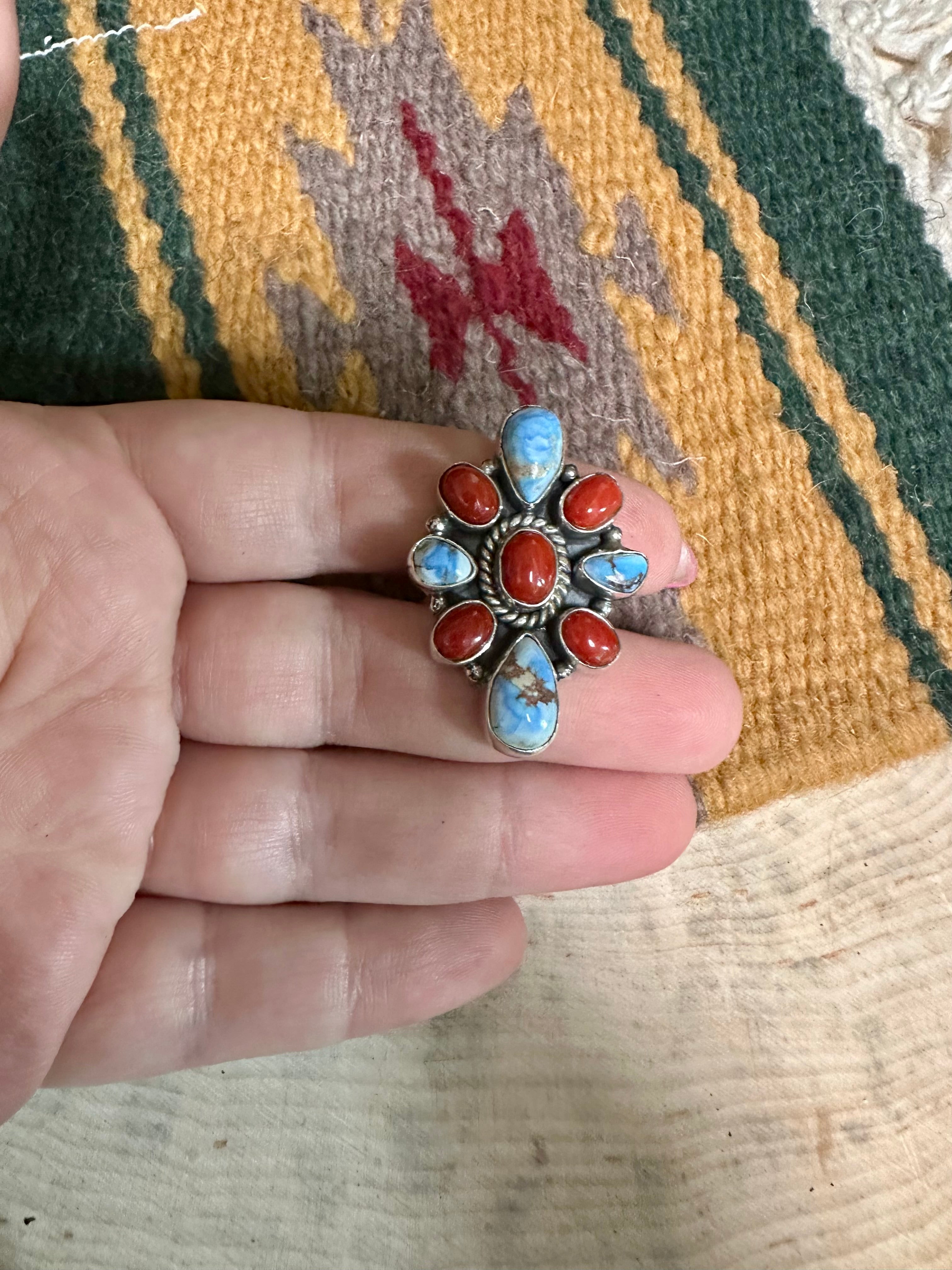 Beautiful Handmade Sterling Silver, Golden Hills Turquoise & Coral Adjustable Ring