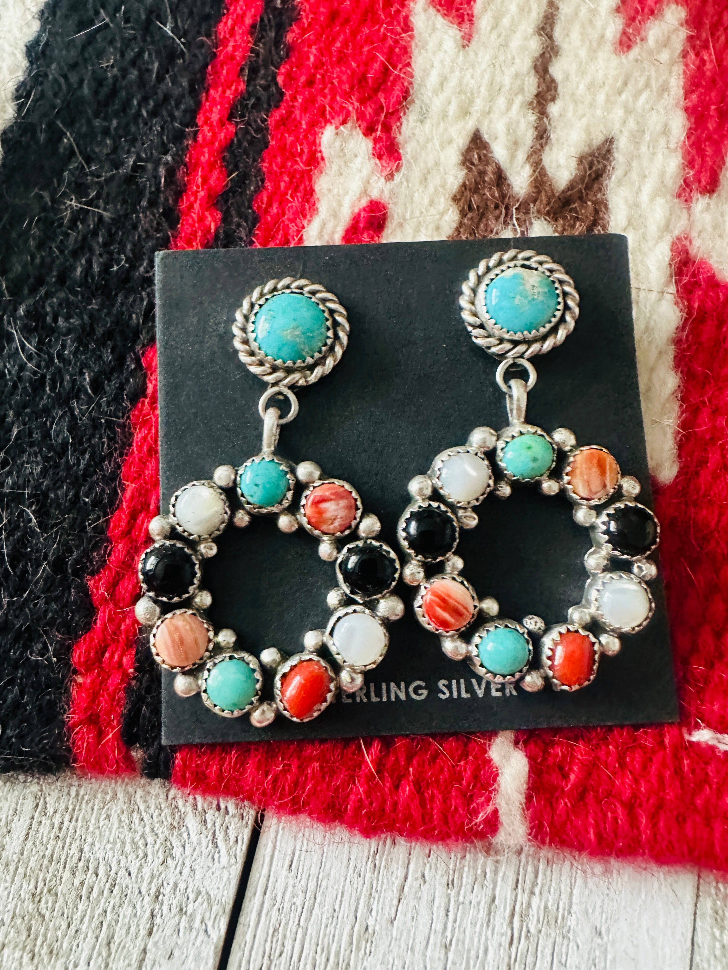 Navajo Sterling Silver & Multi Stone Dangle Earrings