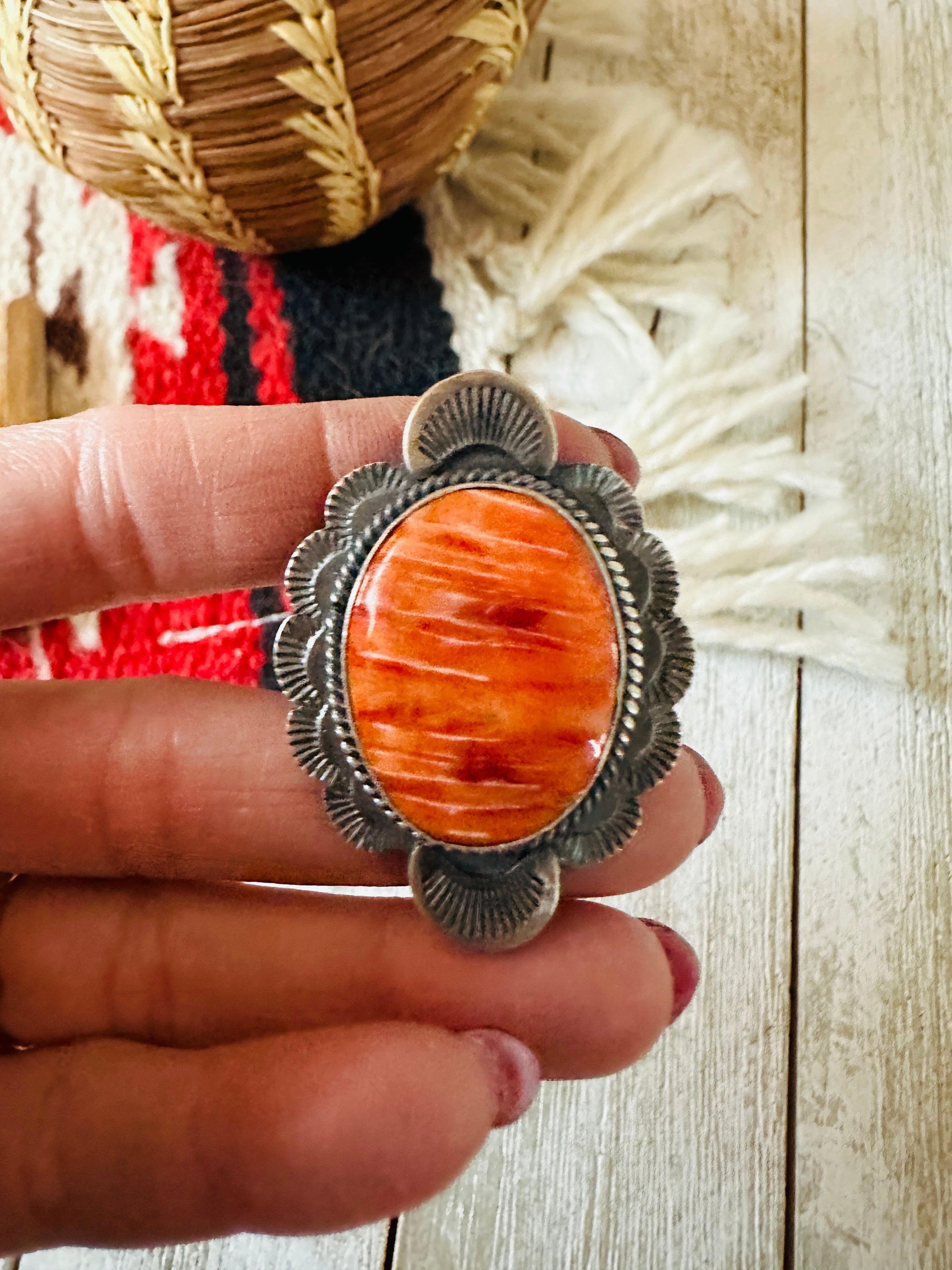 Navajo Sterling Silver & Orange Spiny Ring Size 8