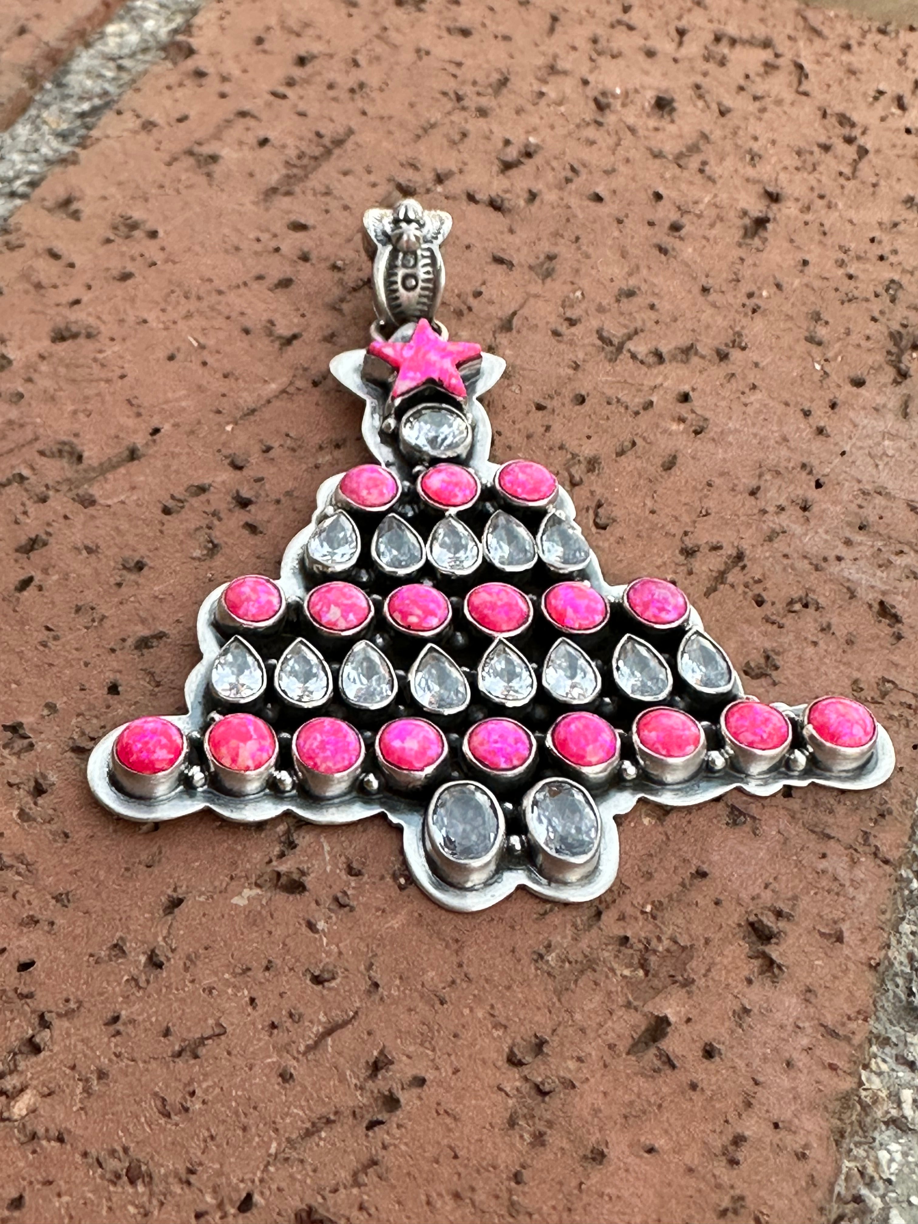 Handmade Sterling Silver & Hot Pink Opal Christmas Tree Pendant