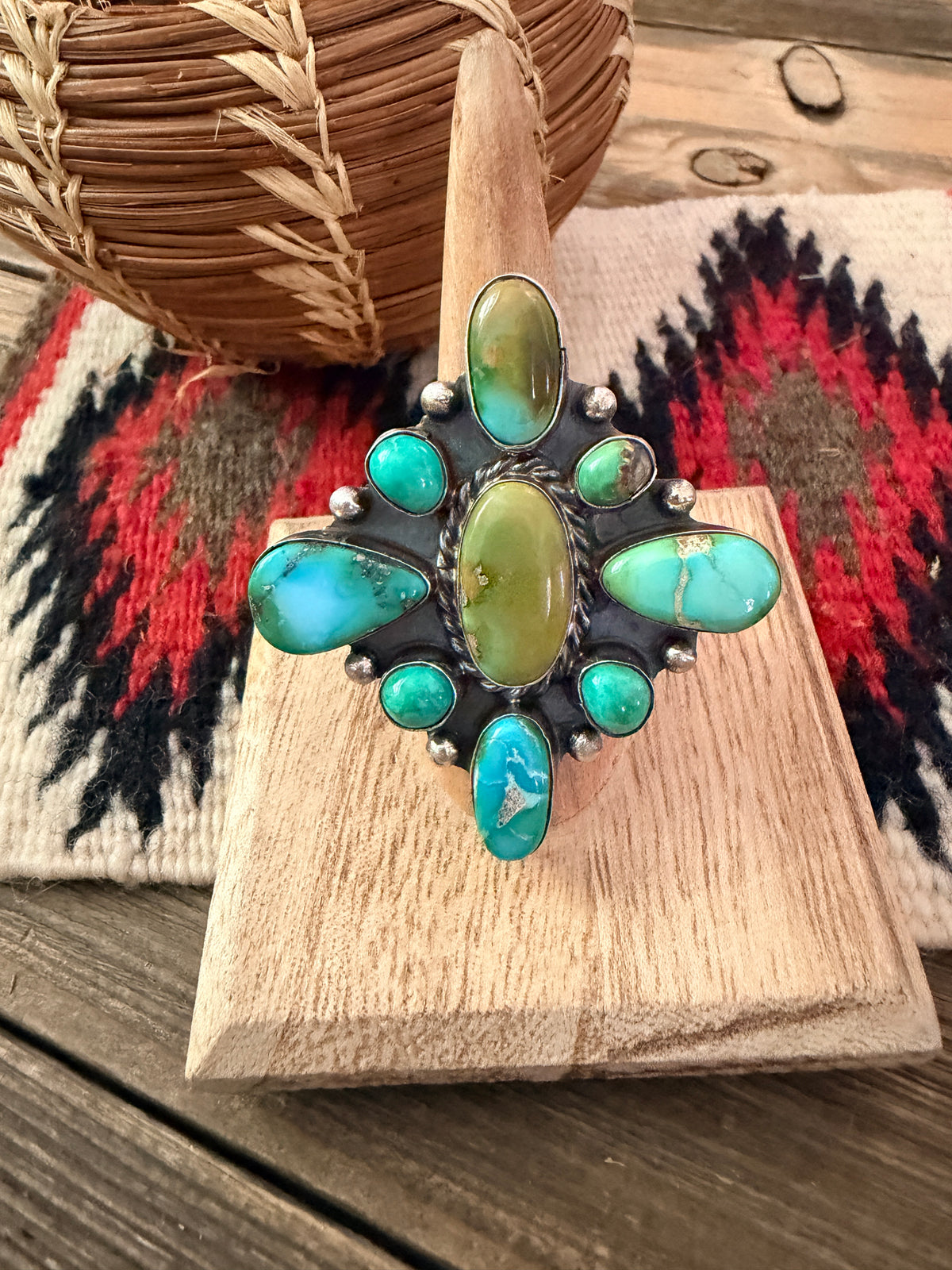 Handcrafted Turquoise & Sterling Silver Cluster Adjustable Ring