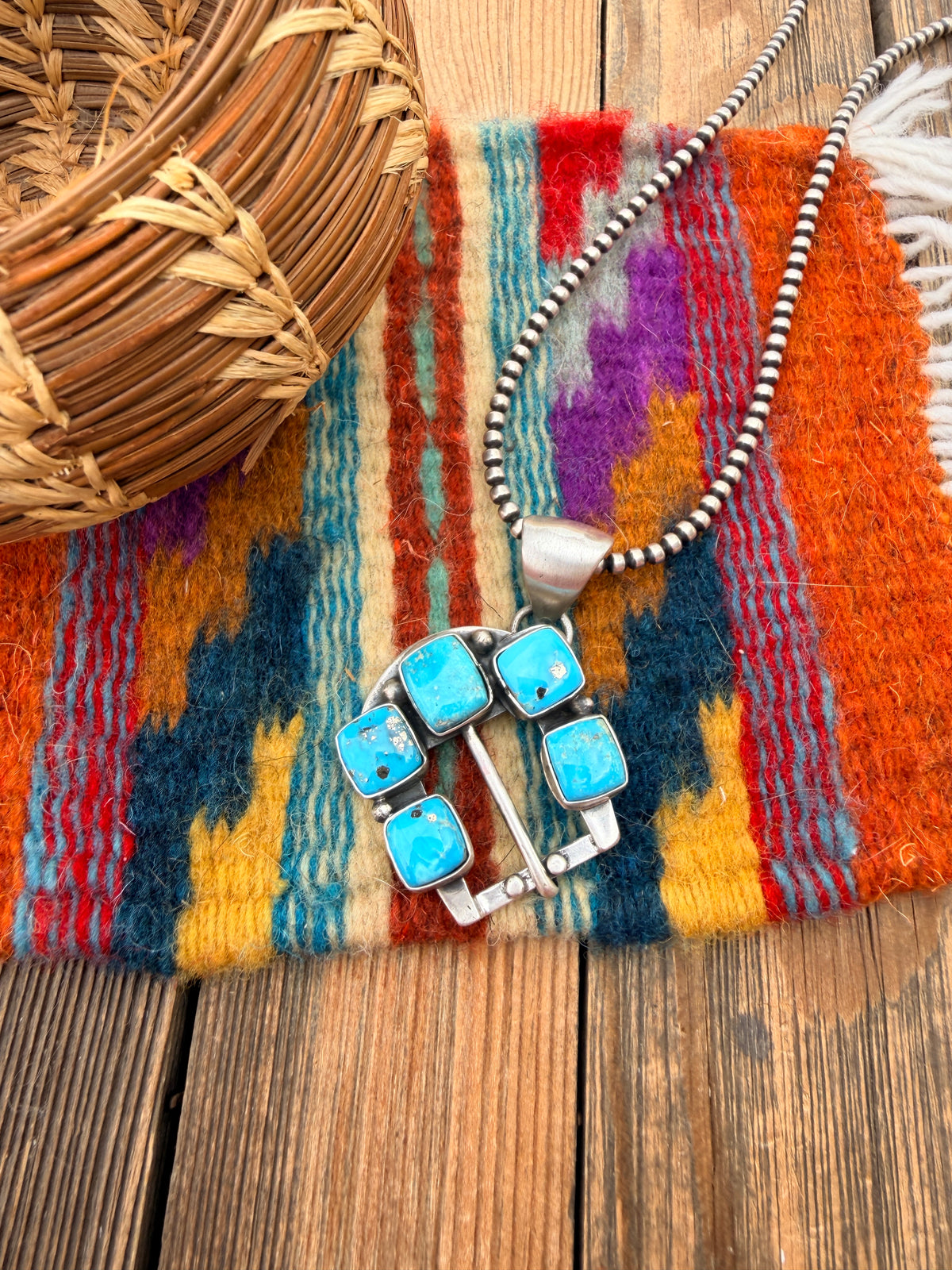 Handcrafted Sterling Silver & Turquoise Belt Buckle Pendant by Russell Sam