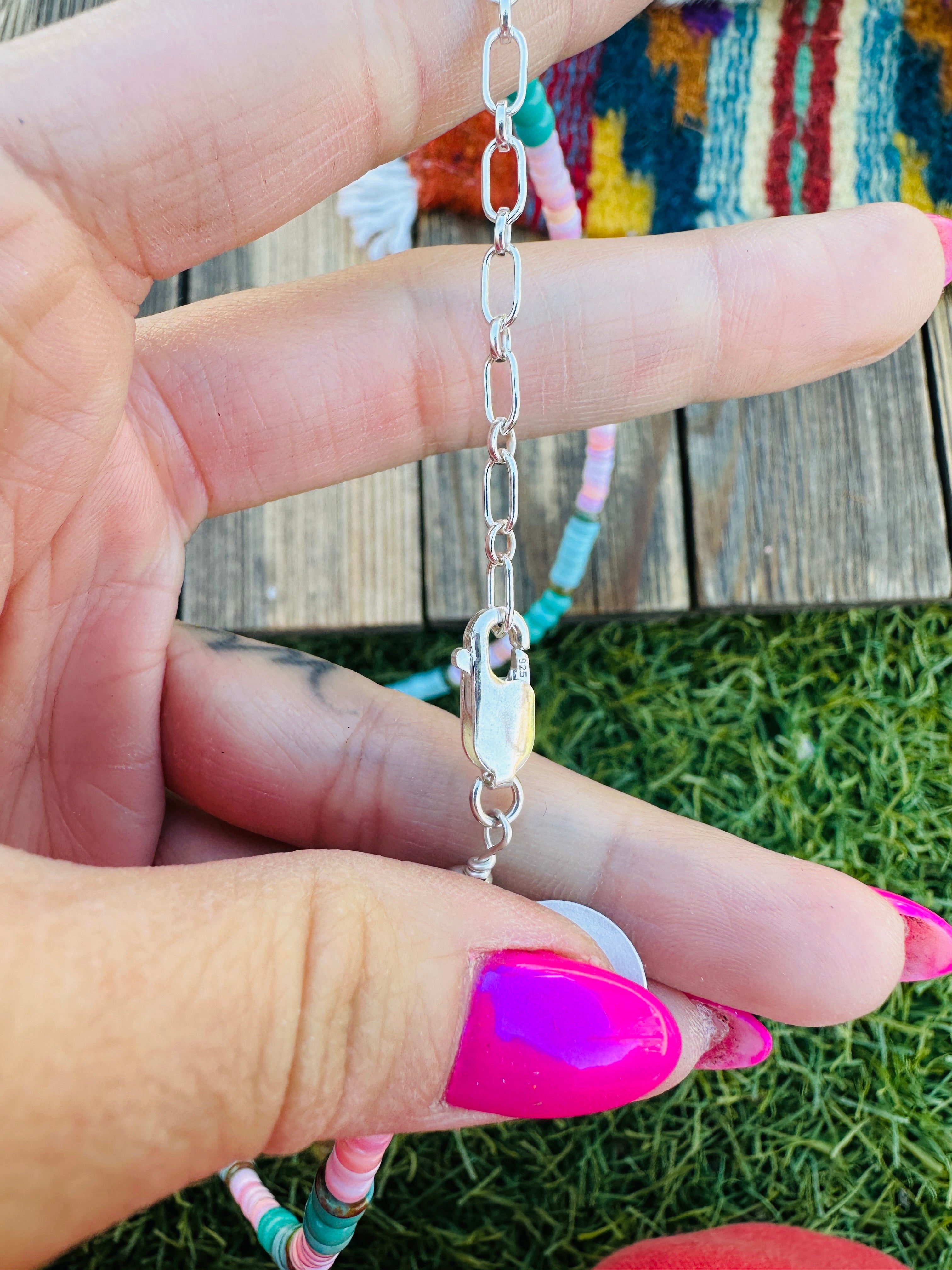 Handcrafted Queen Pink Conch, Turquoise & Copper 18” Beaded Necklace