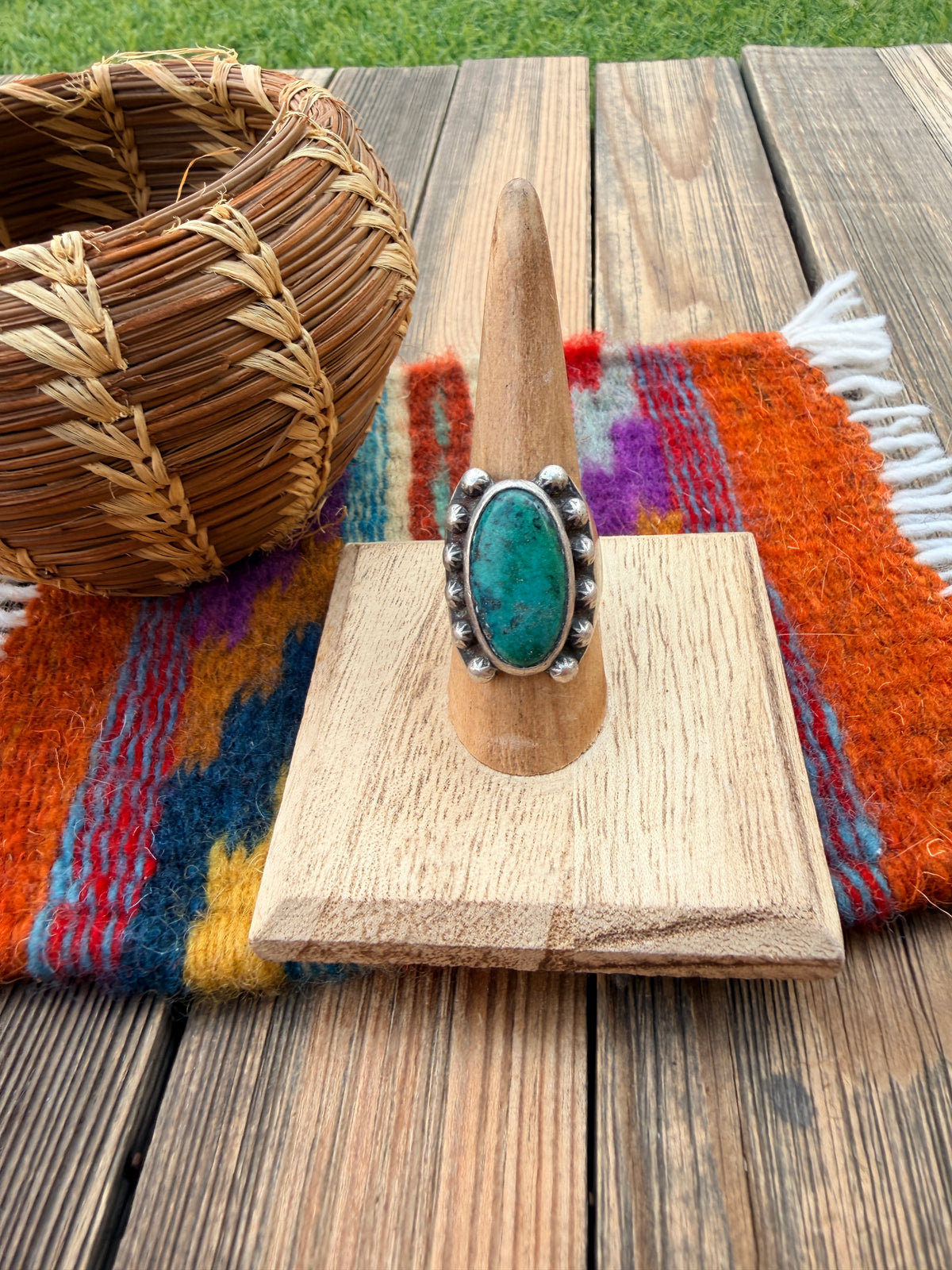 Old Pawn Handcrafted Turquoise & Sterling Silver Ring Size 8