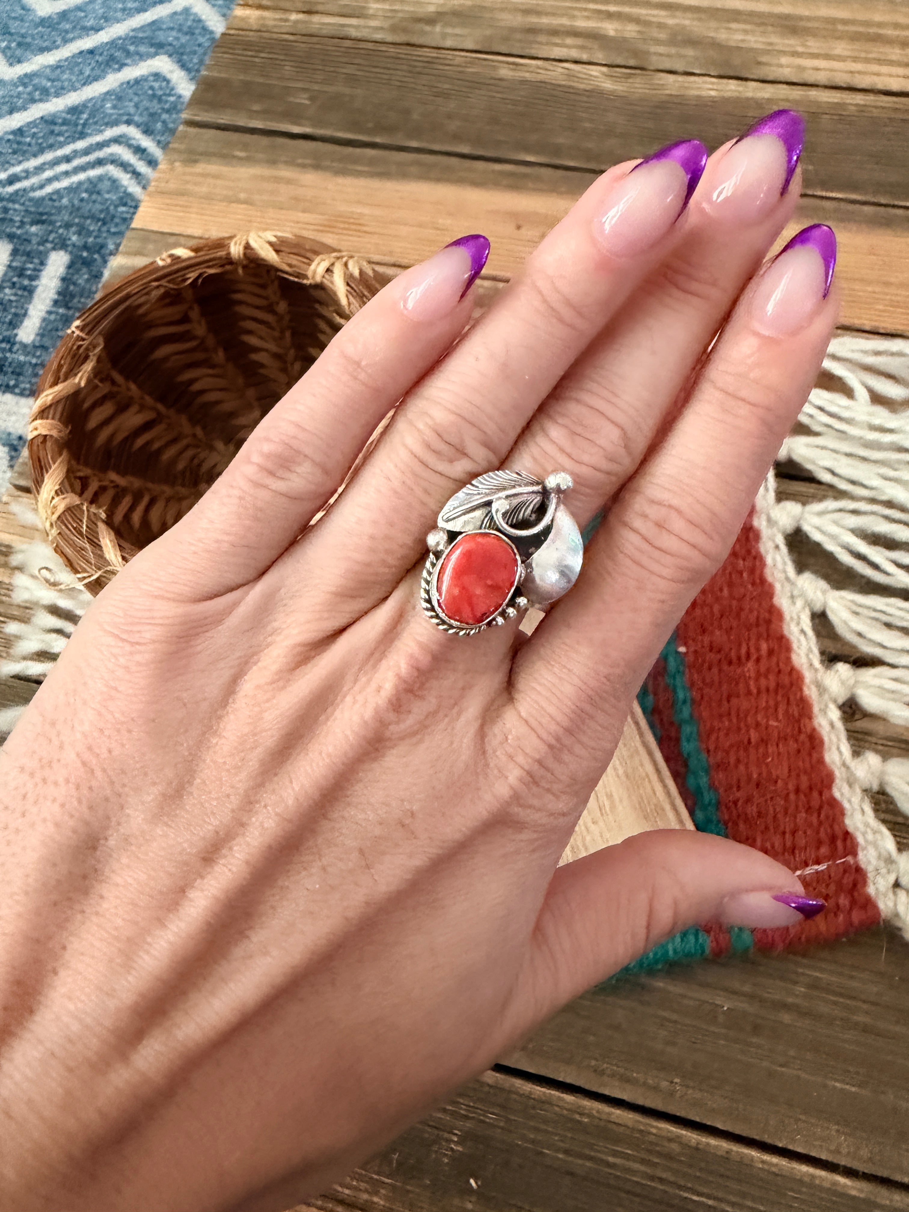 Old Pawn Handcrafted Coral & Sterling Silver Ring Size 7