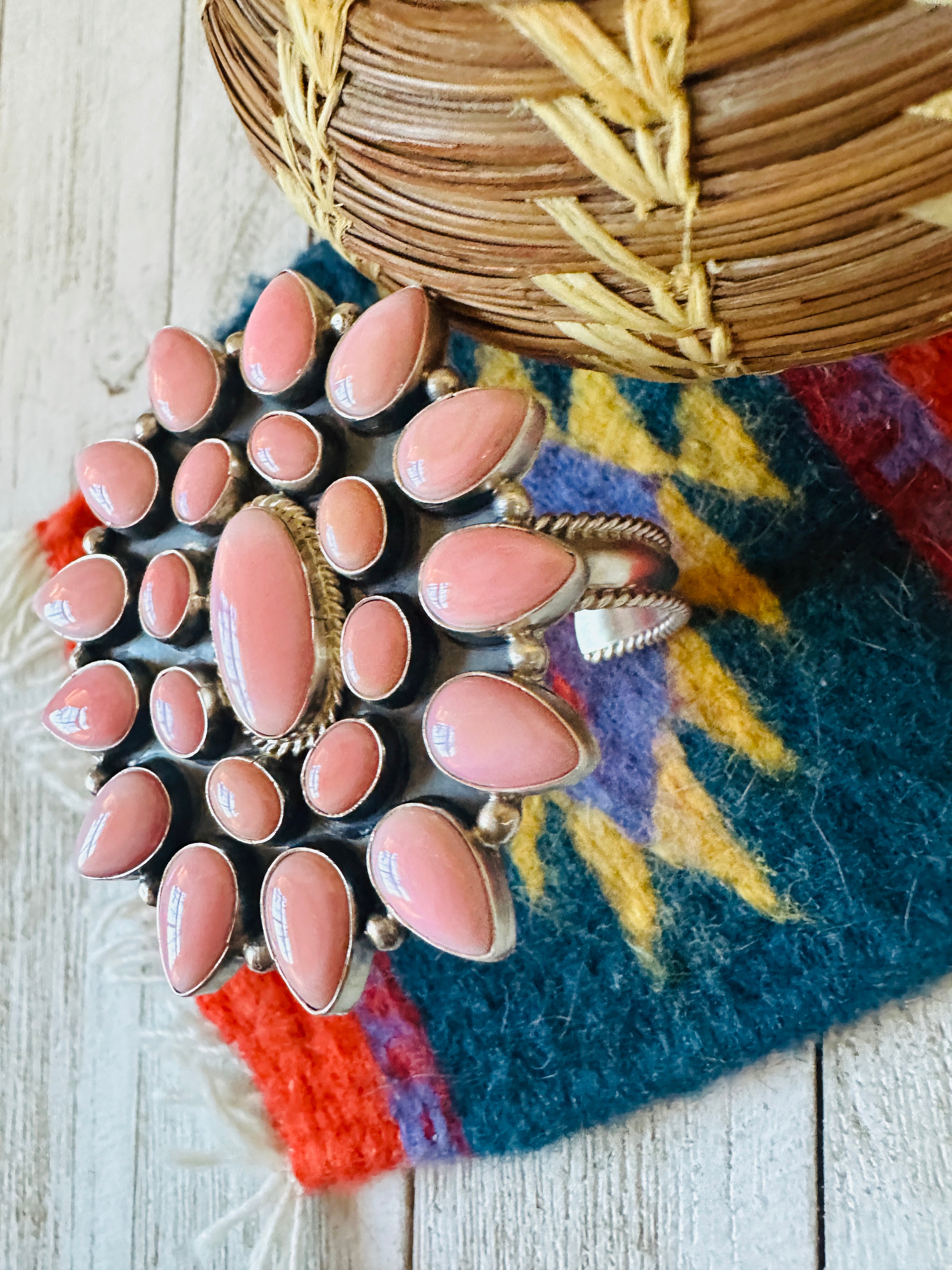 Navajo Queen Pink Conch Shell & Sterling Silver Cluster Cuff Bracelet