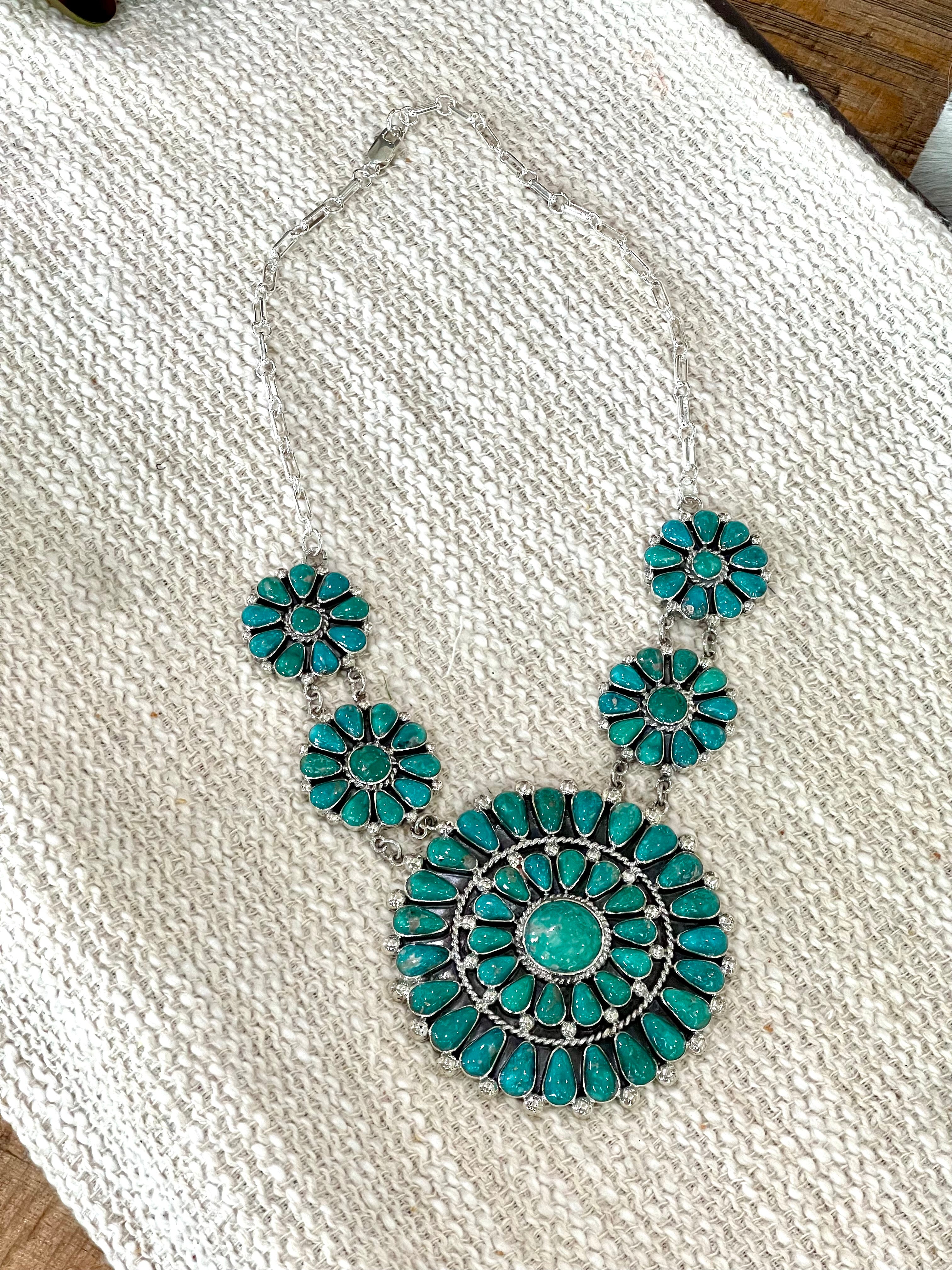 Gorgeous Handmade Turquoise & Sterling Silver Cluster Necklace