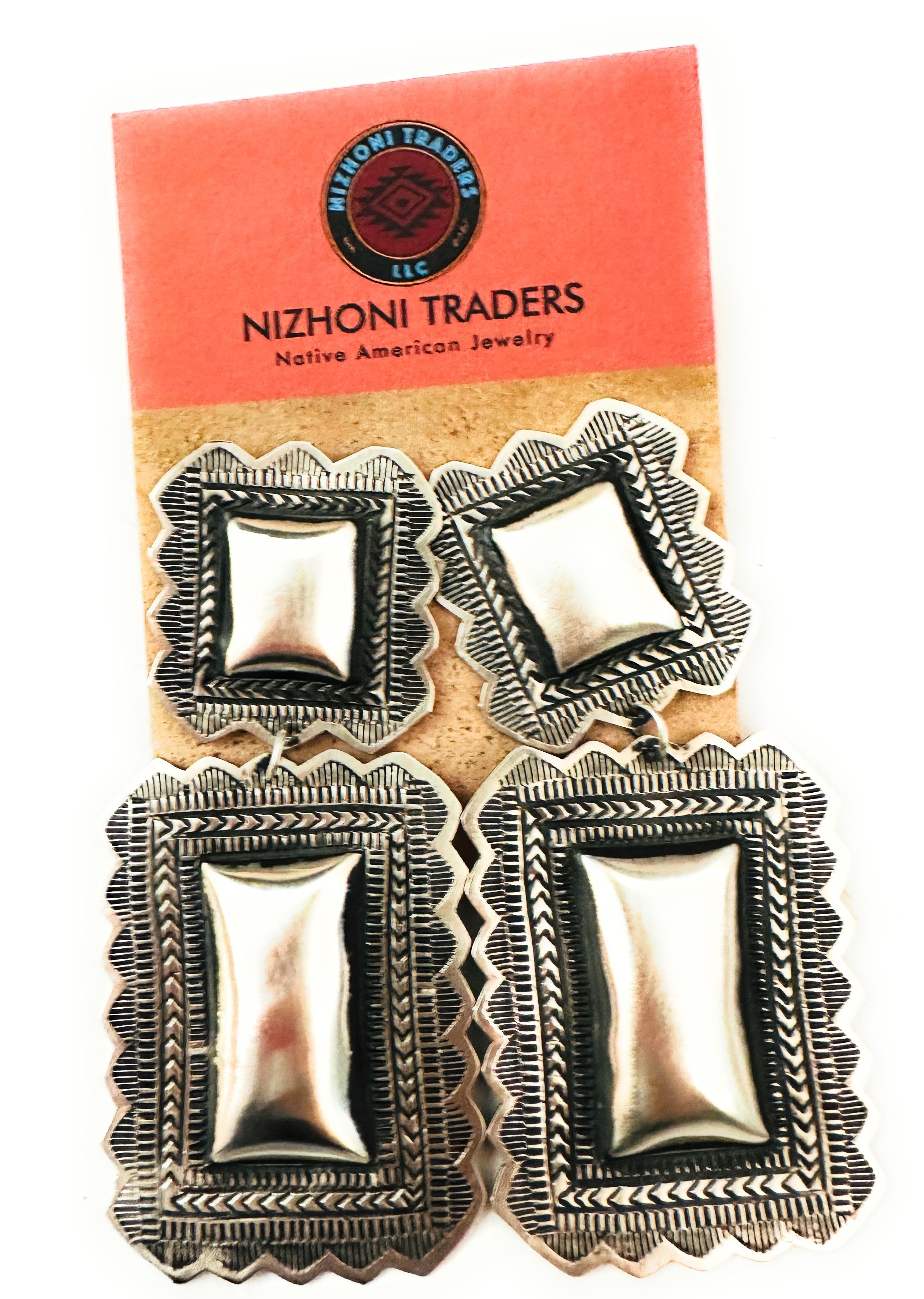 Navajo Hand Stamped Sterling Silver Concho Dangle Earrings by Leander Tahe