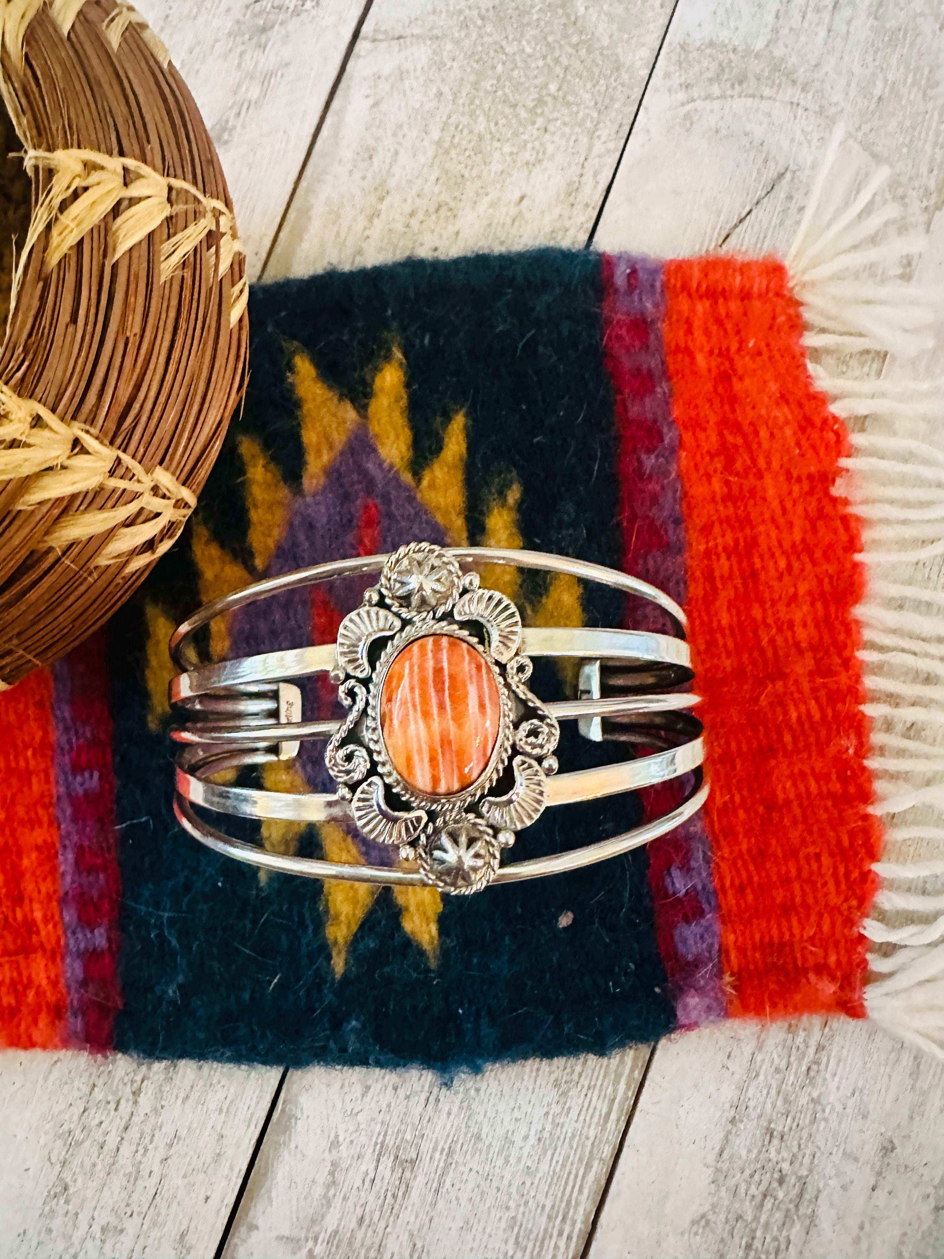 Bracelet 2024 - B566: Made with Orange and Purple Spiny Oyster, Sterling Navajo Pearls