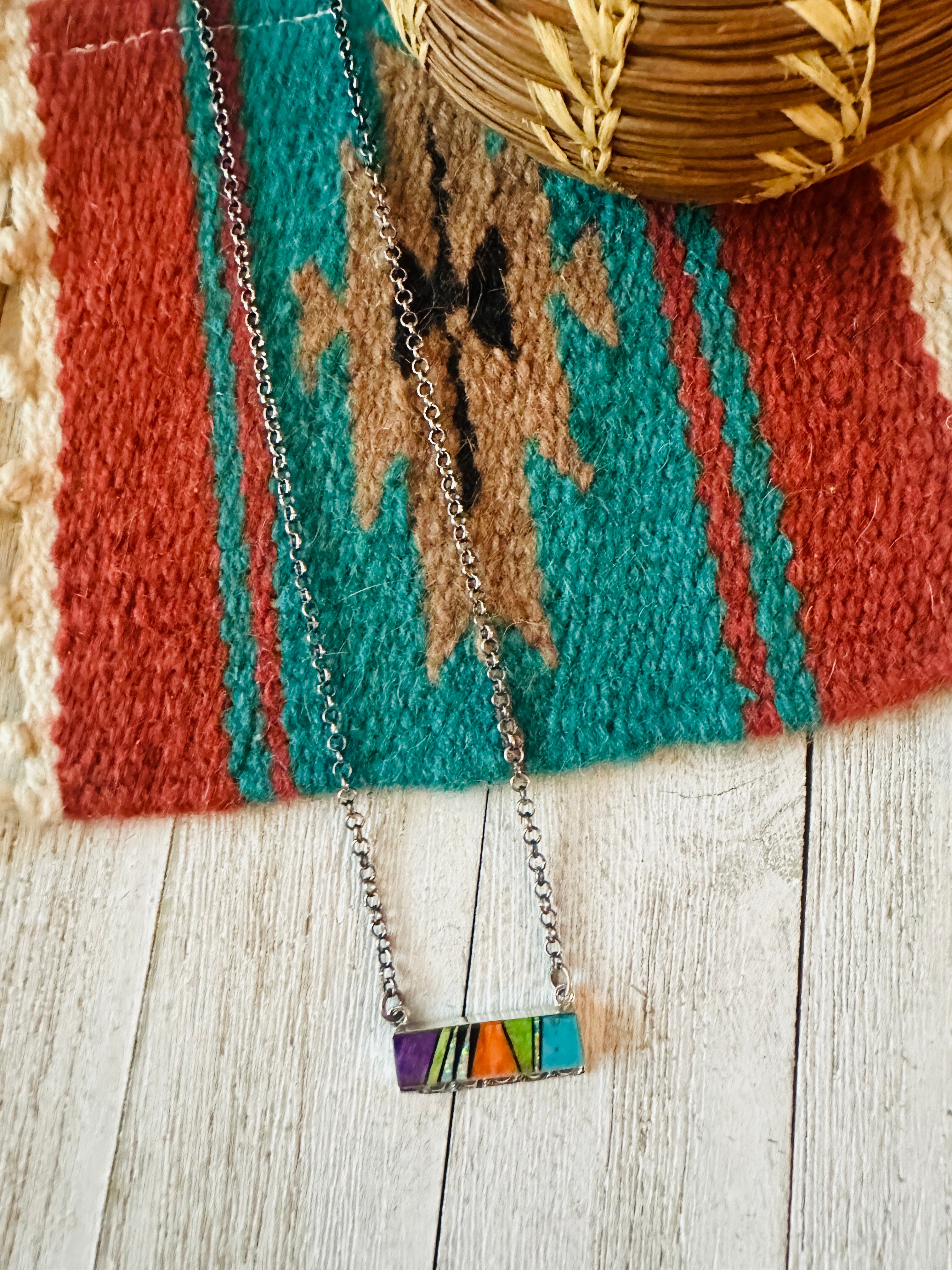 Navajo Multi Stone & Sterling Silver Inlay Bar Necklace