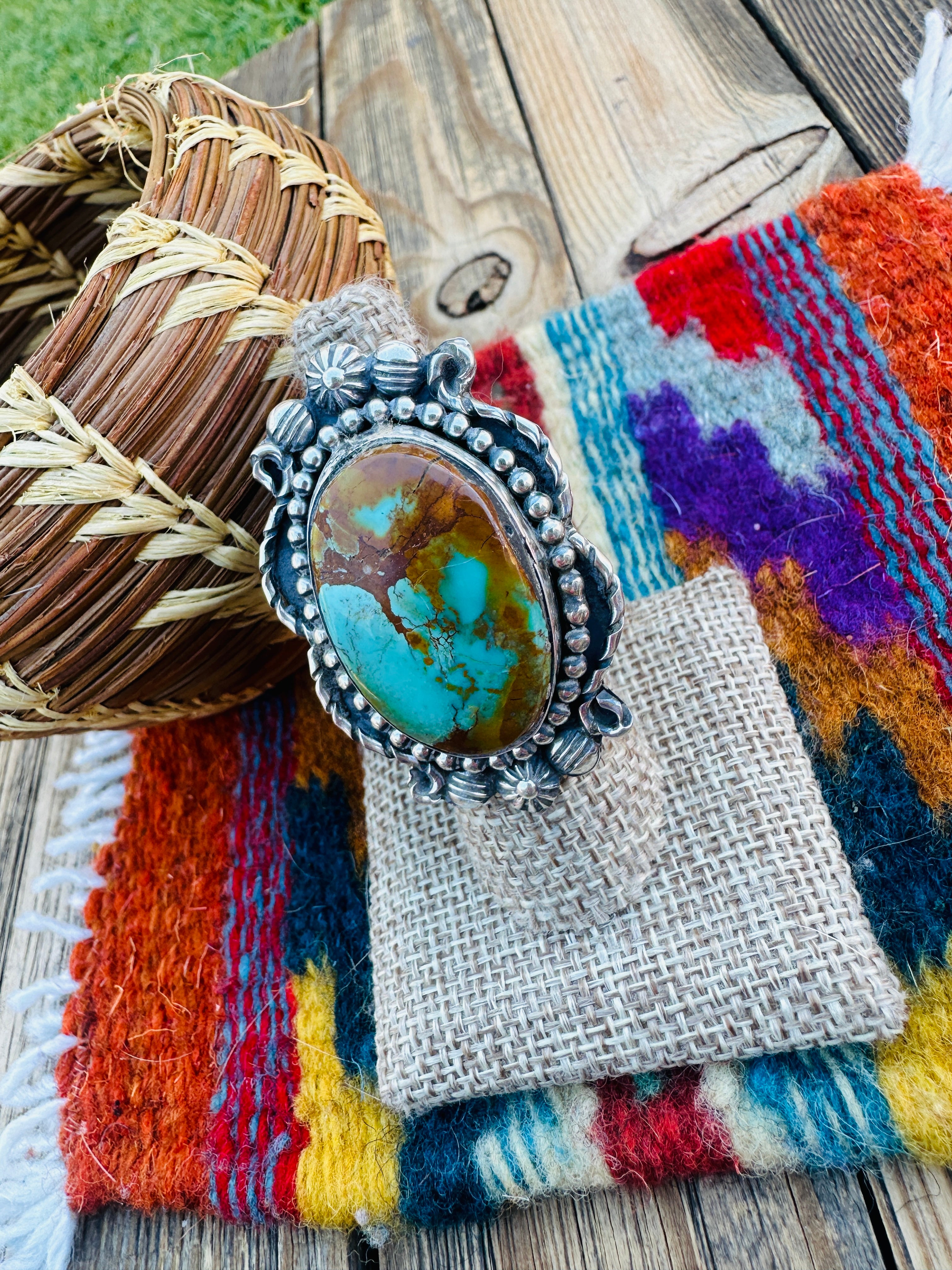 Handcrafted Pilot Mountain Turquoise & Sterling Silver Ring 7.25 by Rosella Paxson