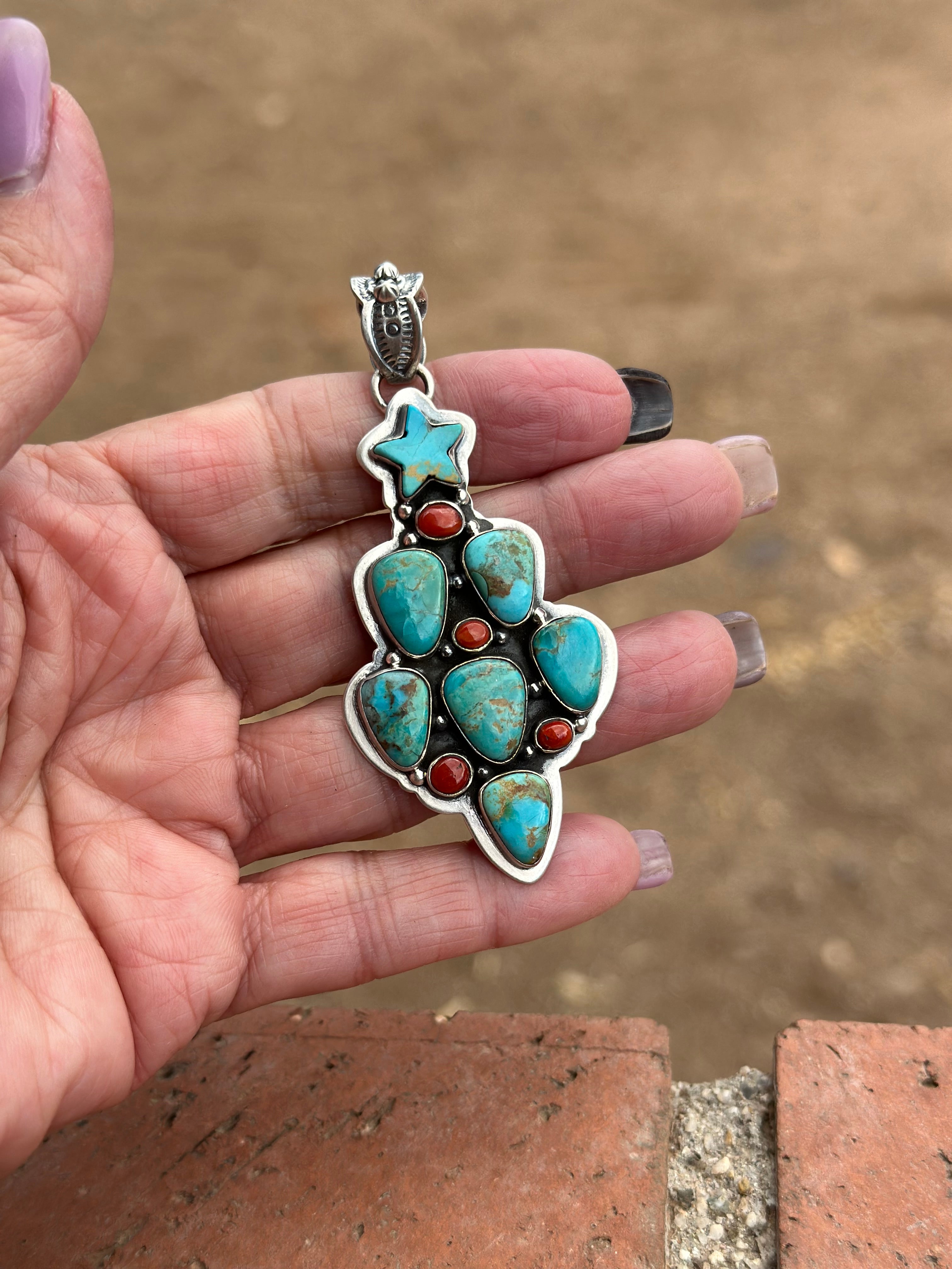 Handmade Sterling Silver, Coral & Turquoise Christmas Tree Pendant