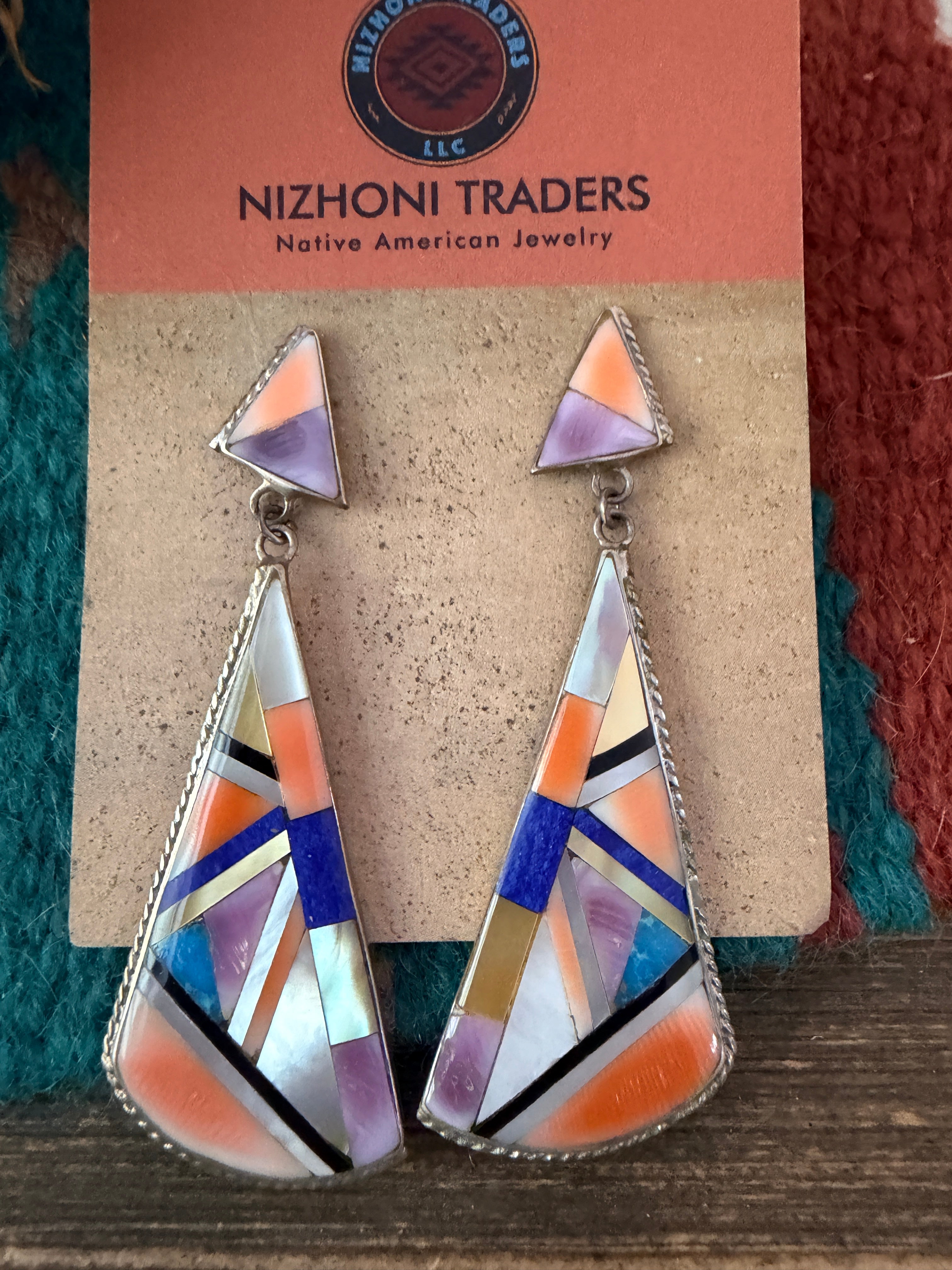 Old Pawn Handcrafted Sterling Silver & Multi Stone Inlay Dangle Earrings