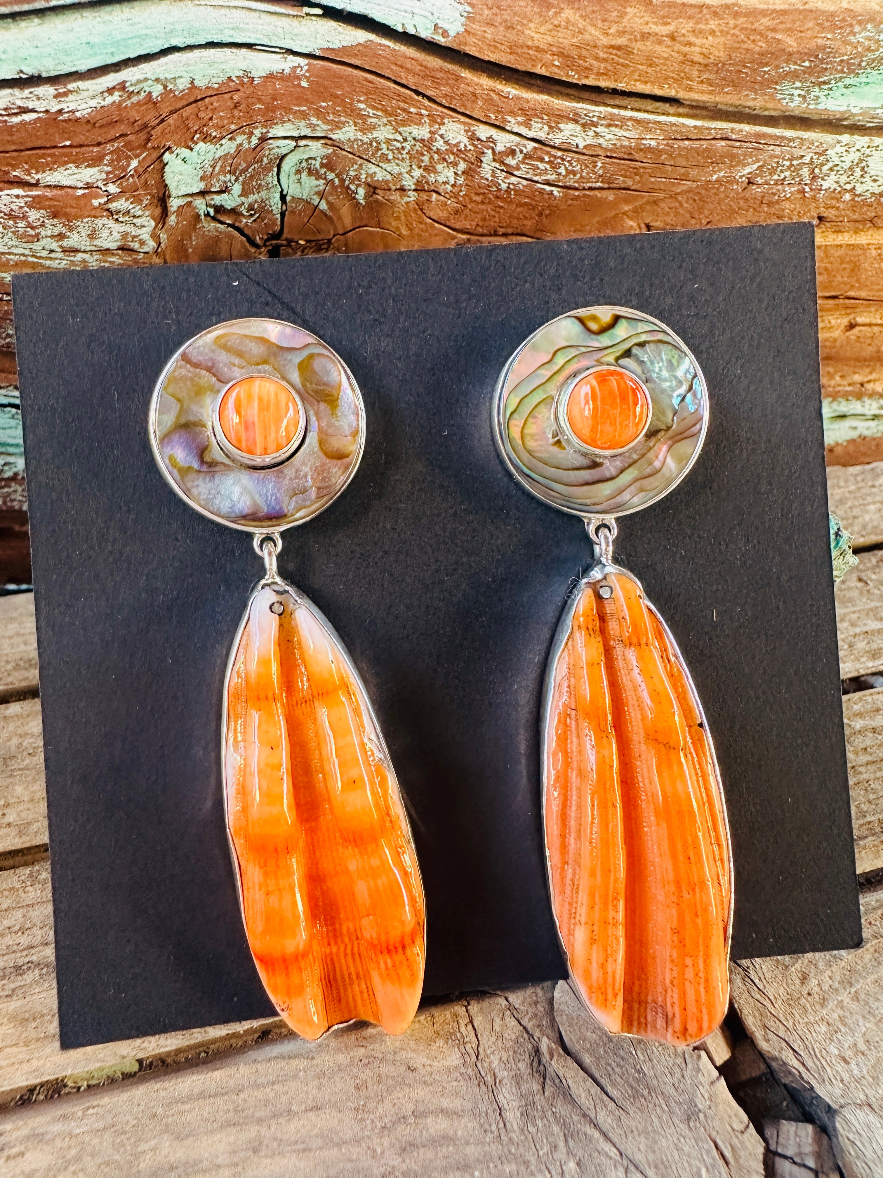 Handcrafted Spiny Oyster, Abalone & Sterling Silver Dangle Earrings by Federico Jimenez