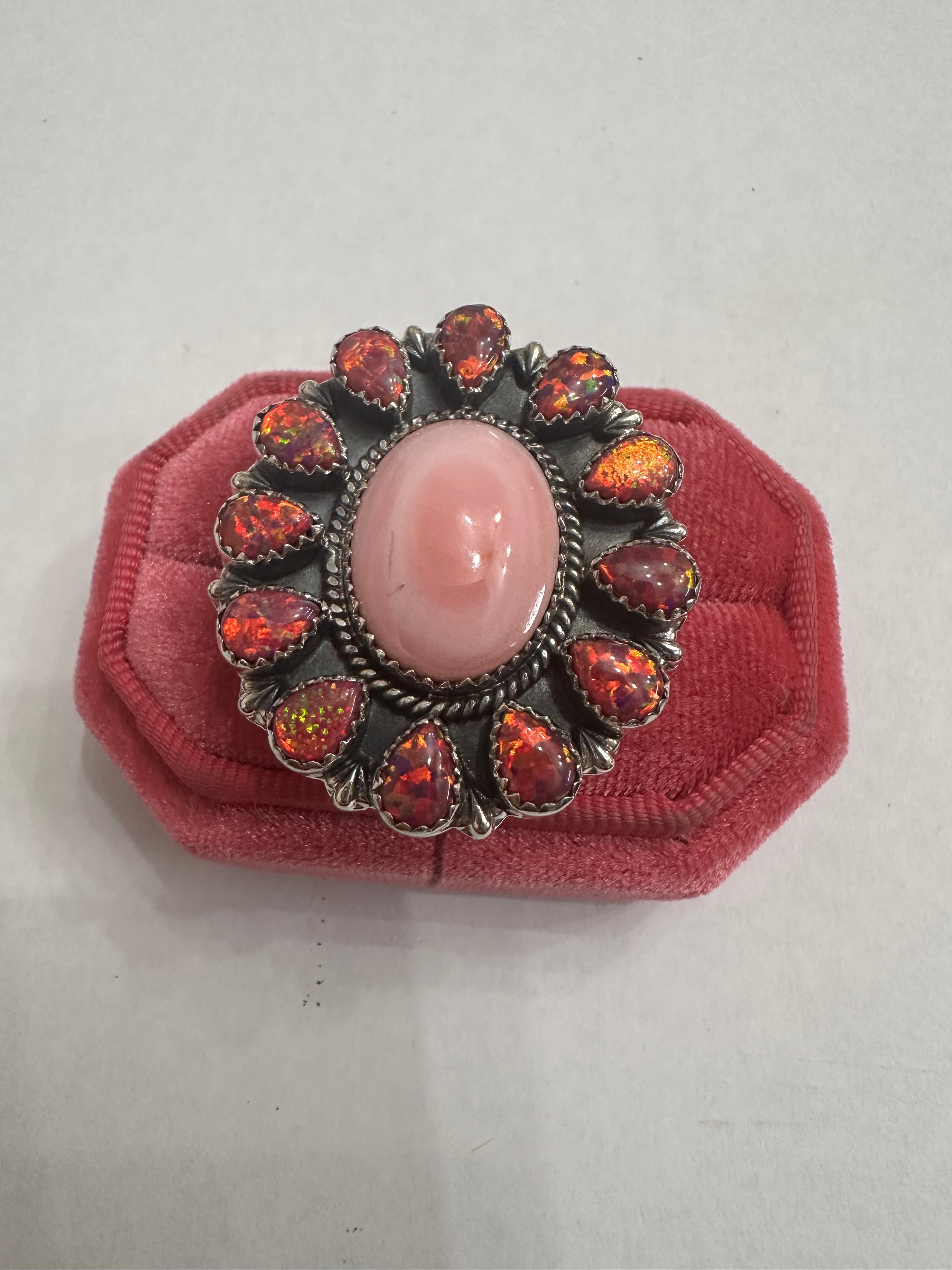 Handmade Pink Conch, Dark Pink Fire Opal And Sterling Silver Adjustable Ring Signed Nizhoni