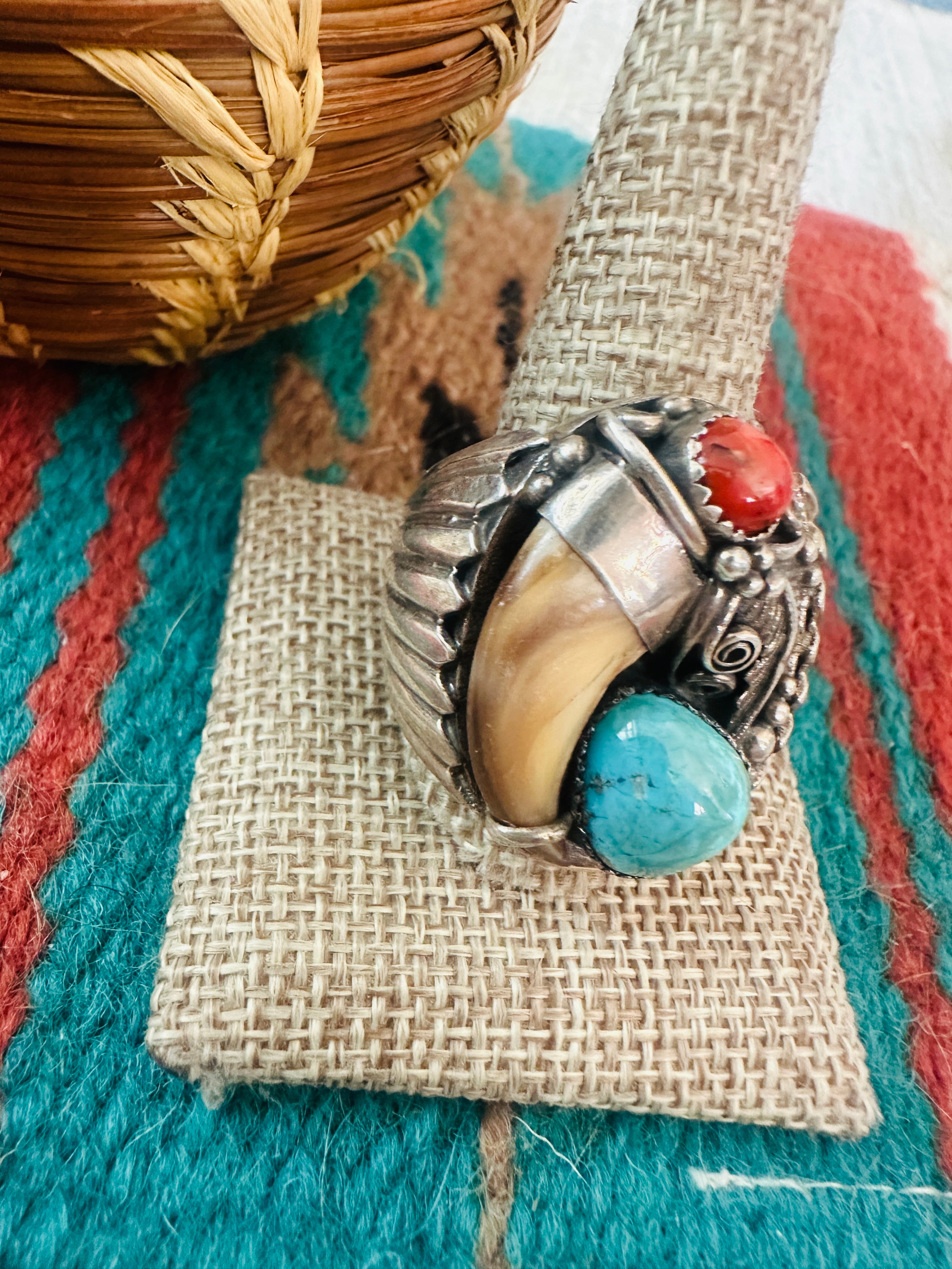 Handcrafted Old Pawn  Sterling Silver, Turquoise & Coral Claw Ring Size 11.5