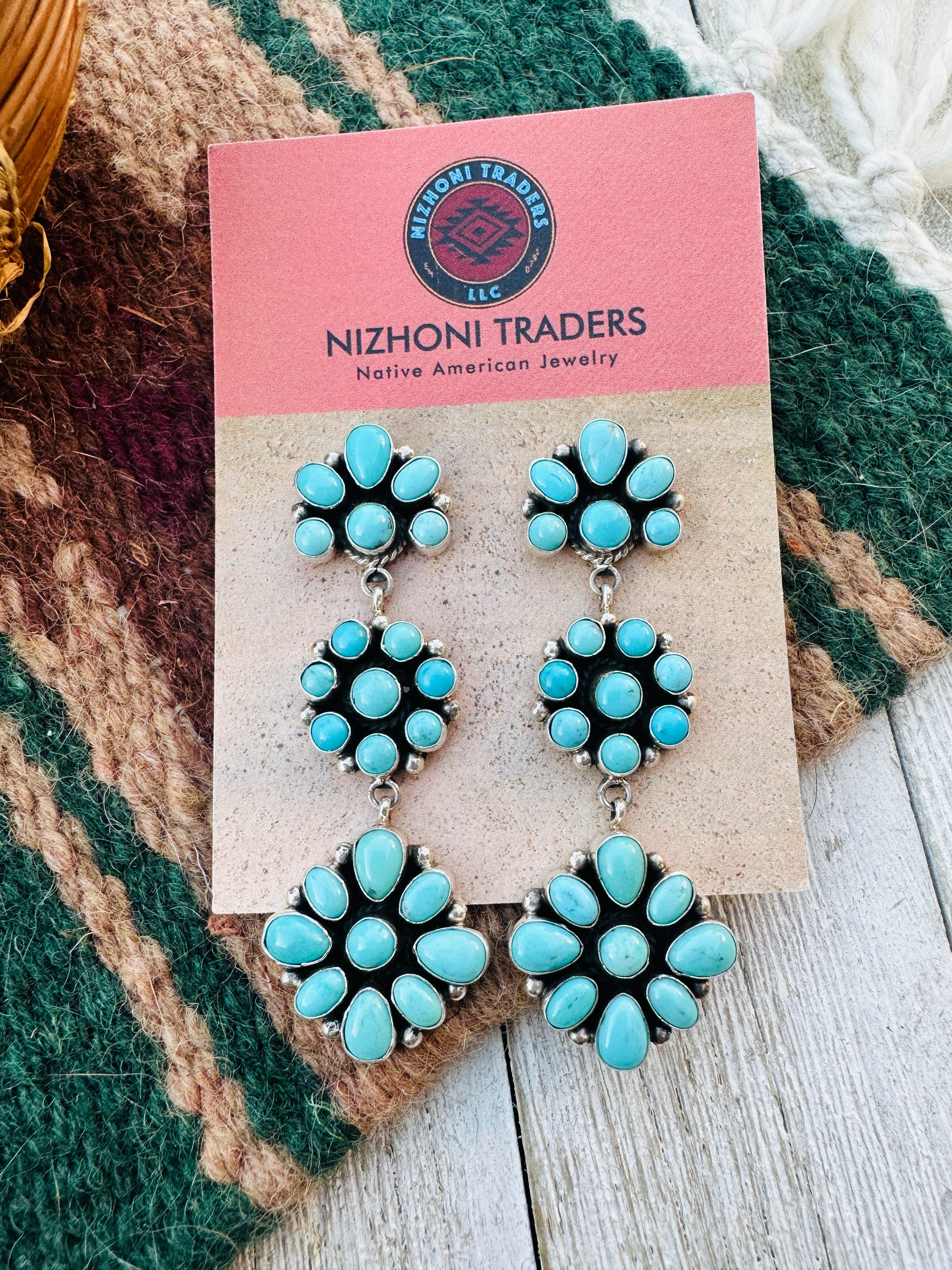 Handcrafted Old Pawn Kingman Turquoise And Sterling Silver Cluster Dangle Earrings