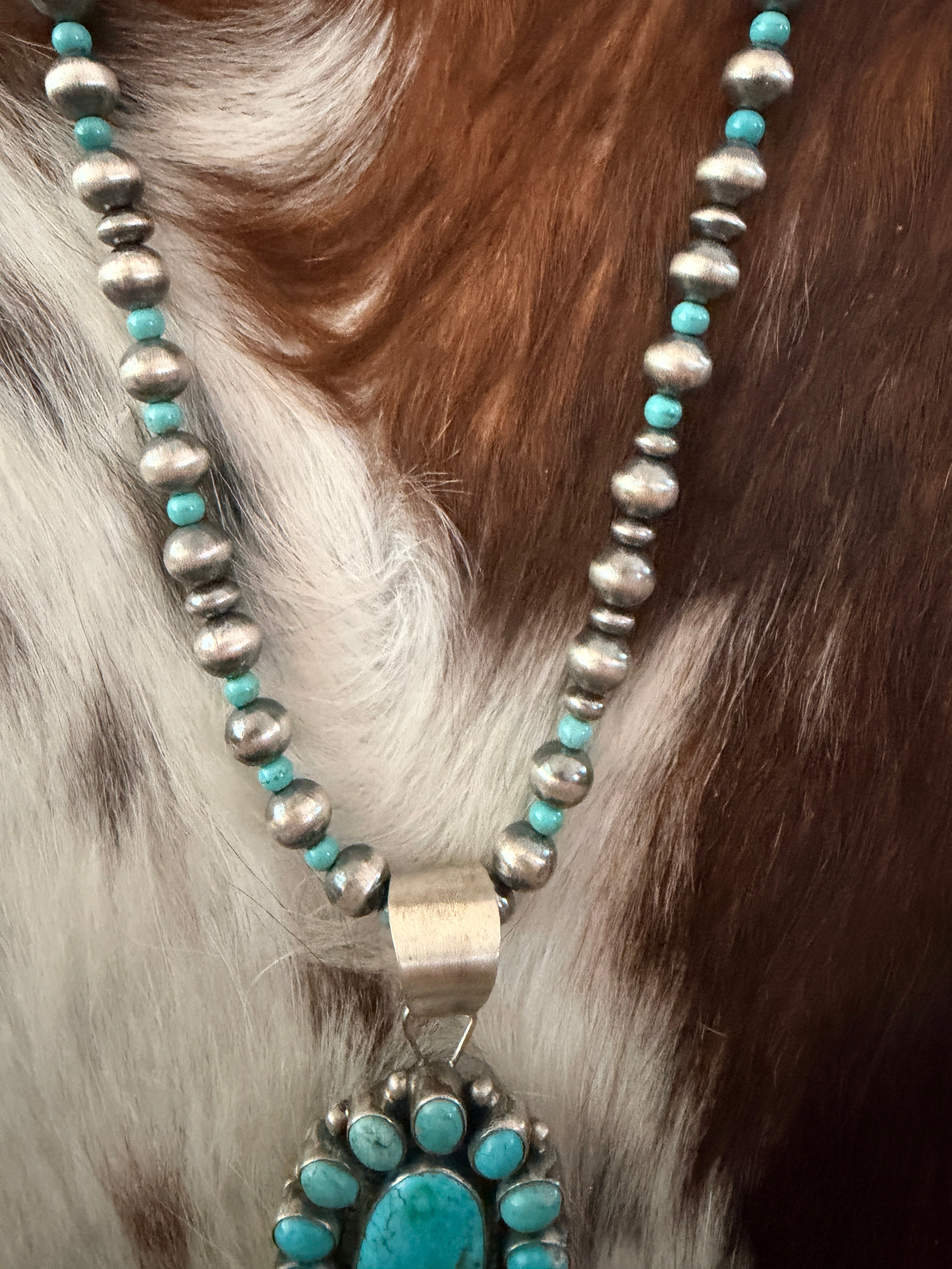 Handcrafted Turquoise & Sterling Silver Cluster Beaded Necklace by Sheila Becenti