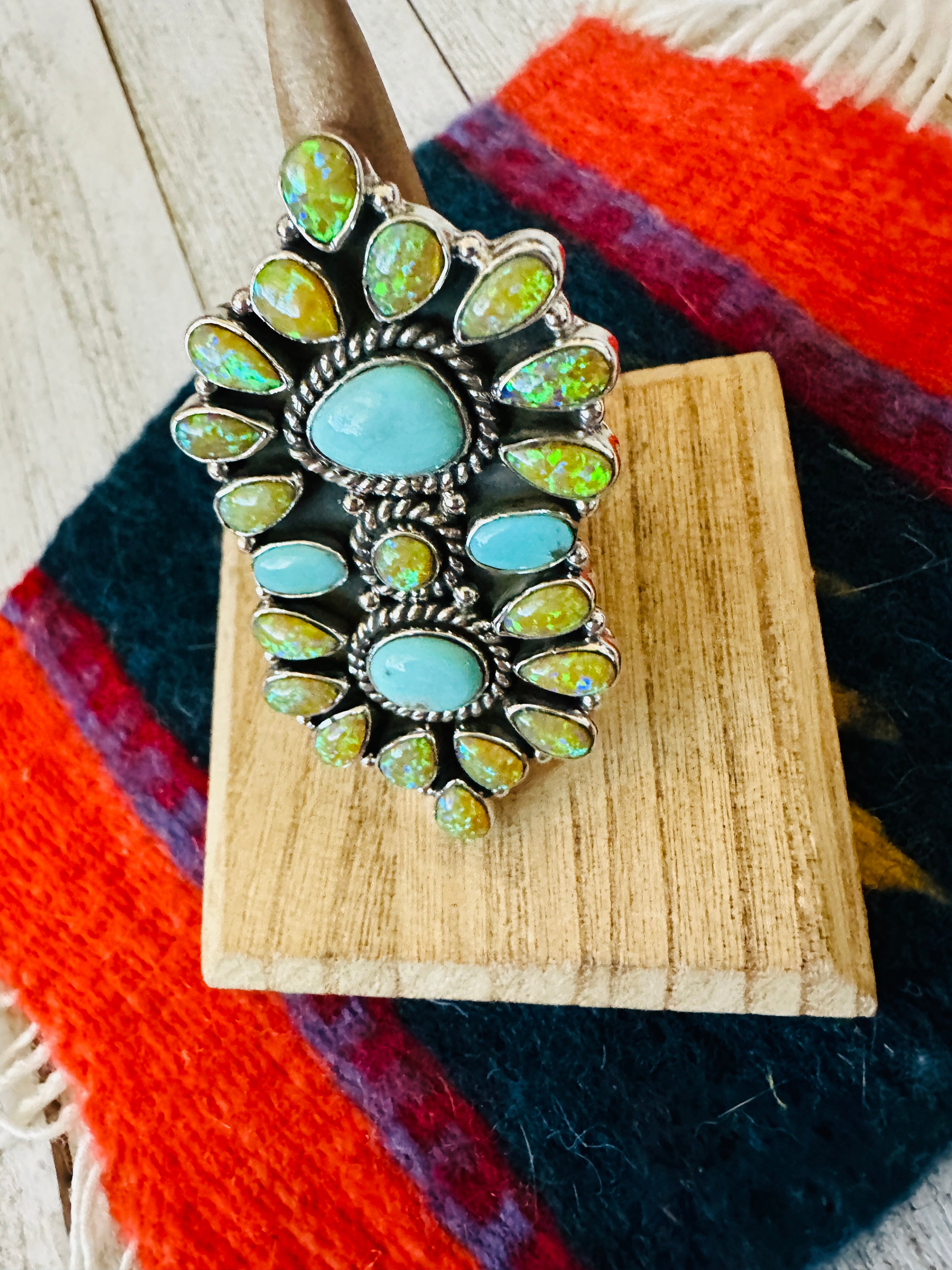 Handmade Sterling Silver, Opal & Turquoise Cluster Adjustable Ring by Nizhoni