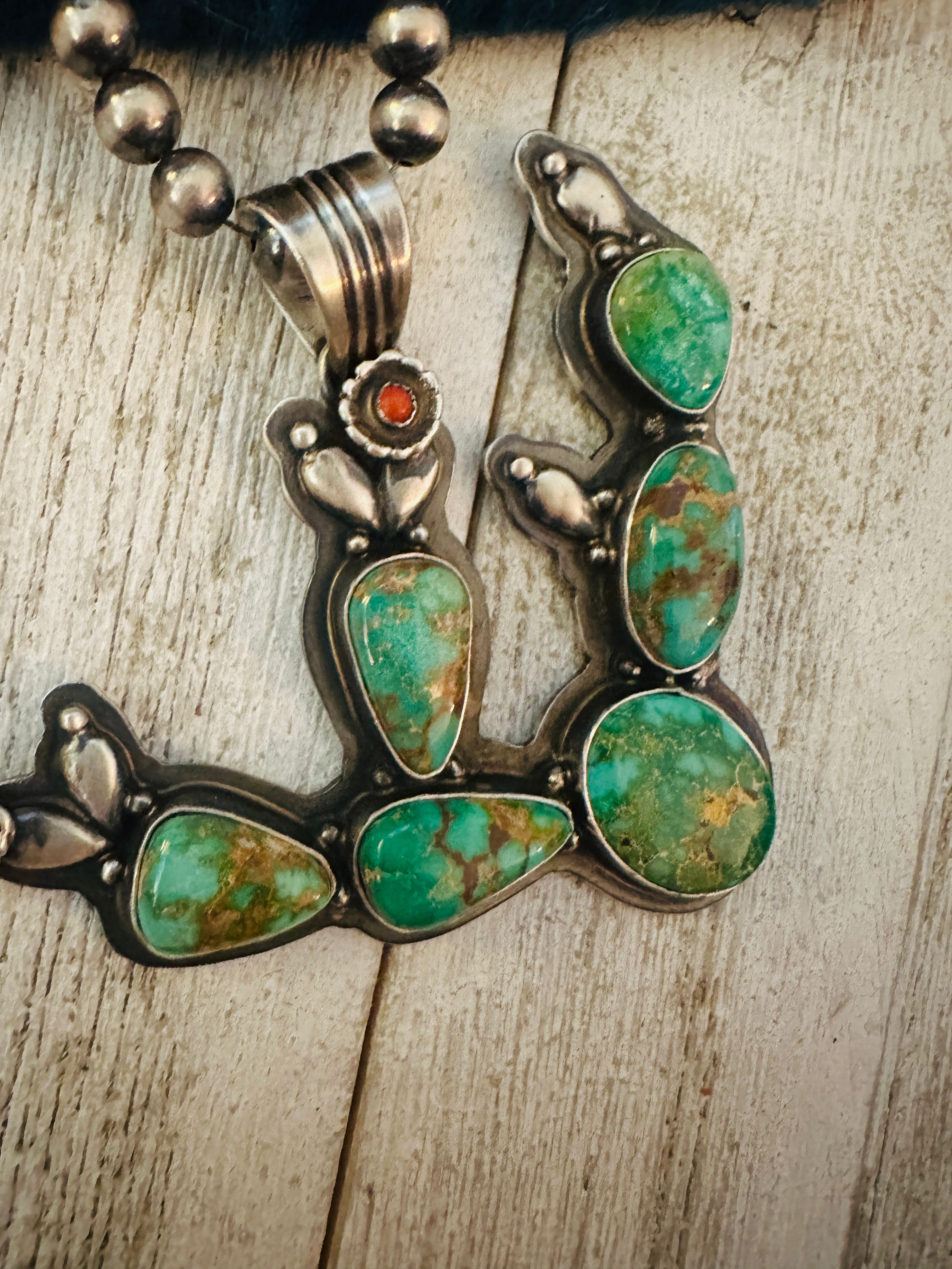 Navajo Turquoise, Coral and Sterling Silver Cactus Pendant