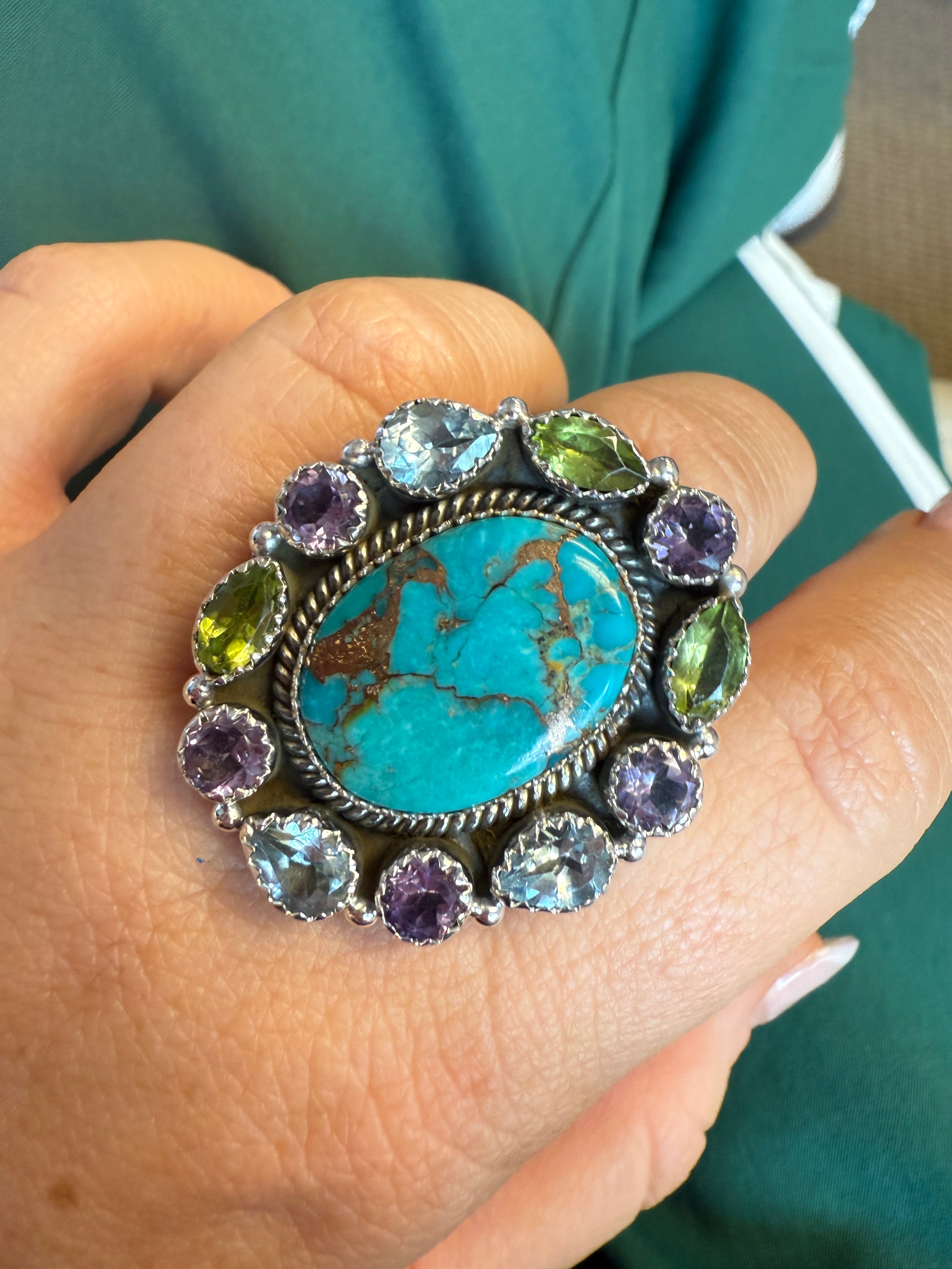 Handmade Adjustable Multi Stone Sterling Silver Ring