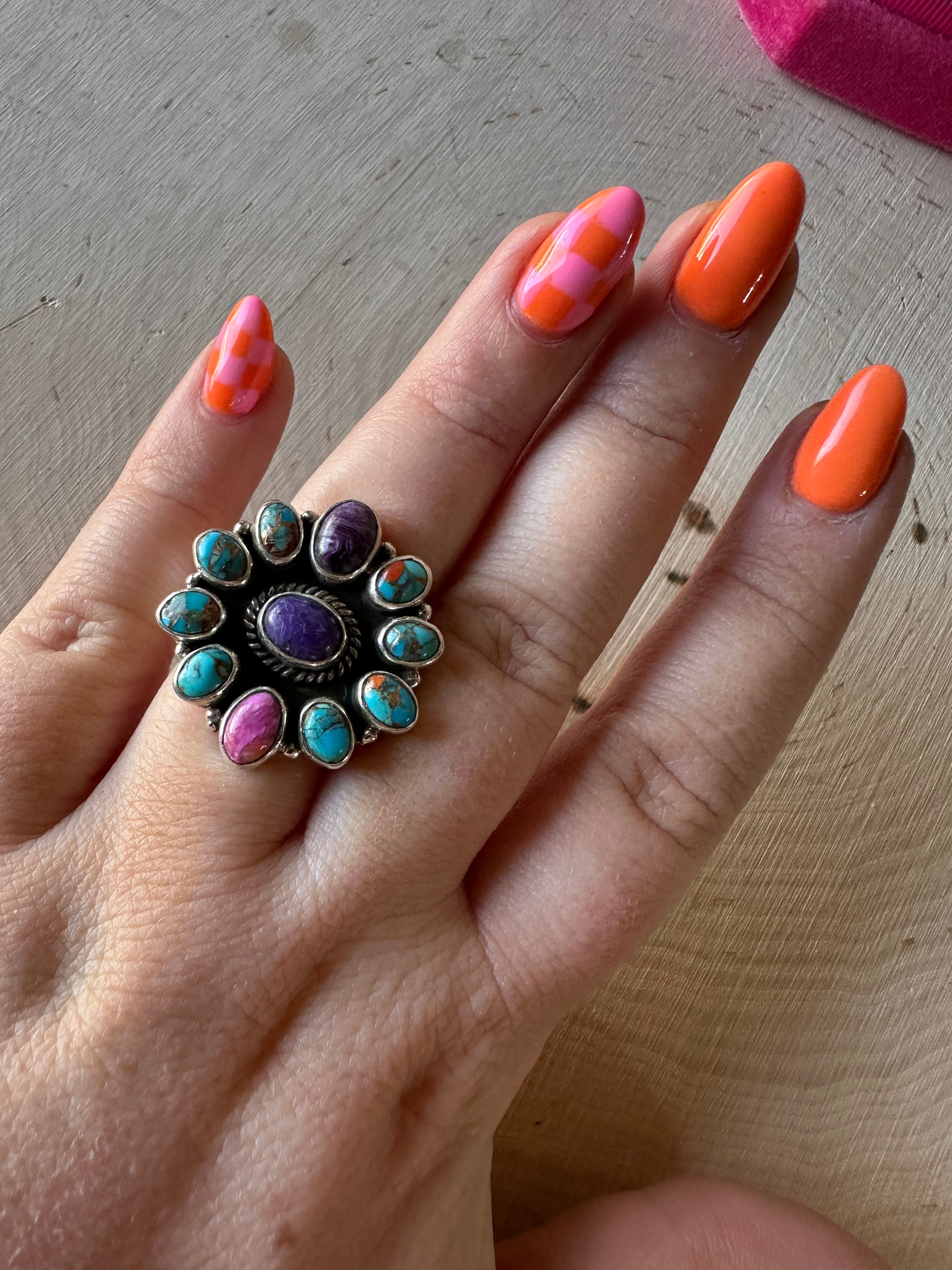 Handmade Coral Mojave, Pink Dream, Purple Spiny And Sterling Silver Adjustable Cluster Ring