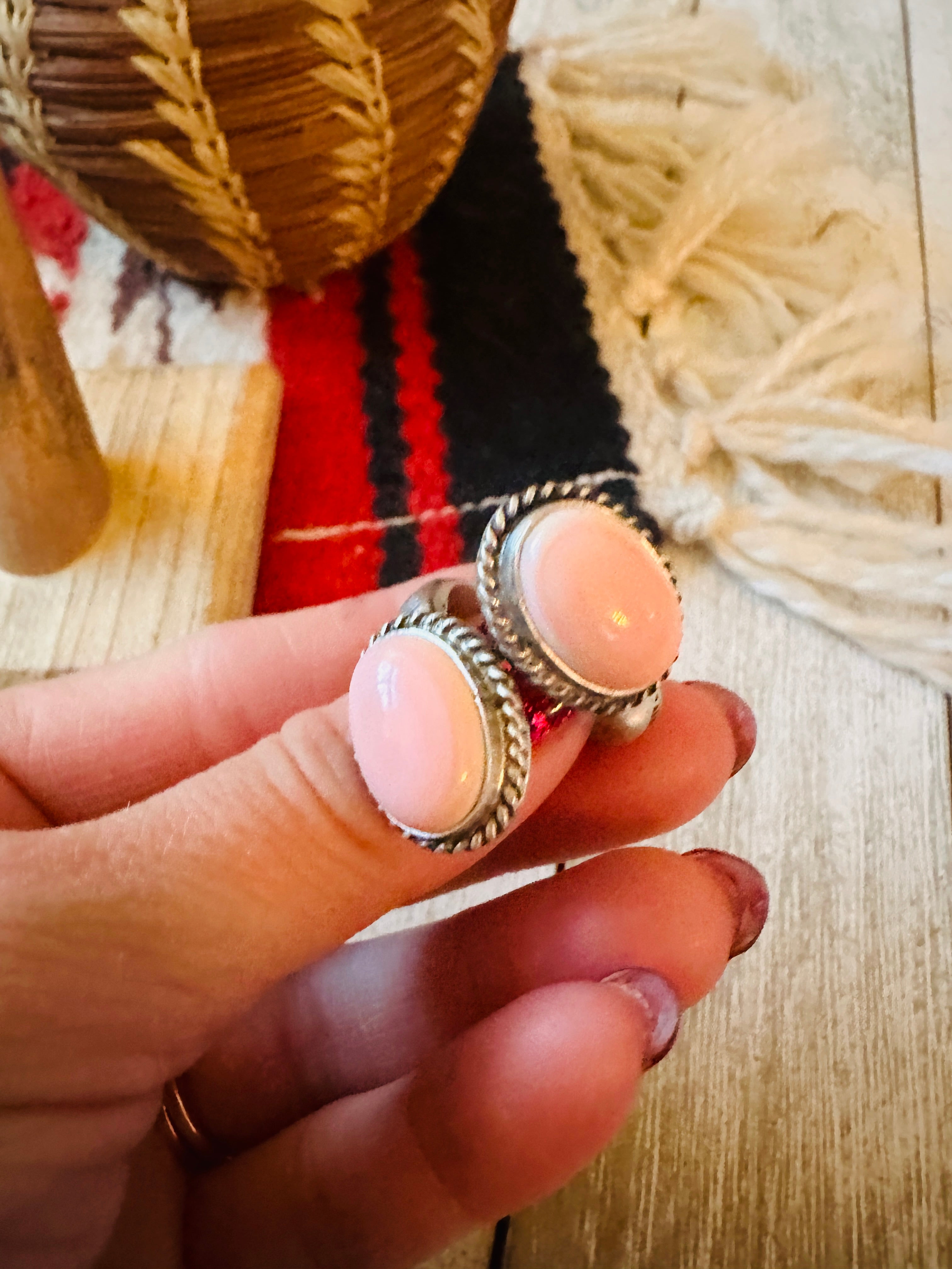 Navajo Sterling Silver & Queen Pink Conch Adjustable Ring