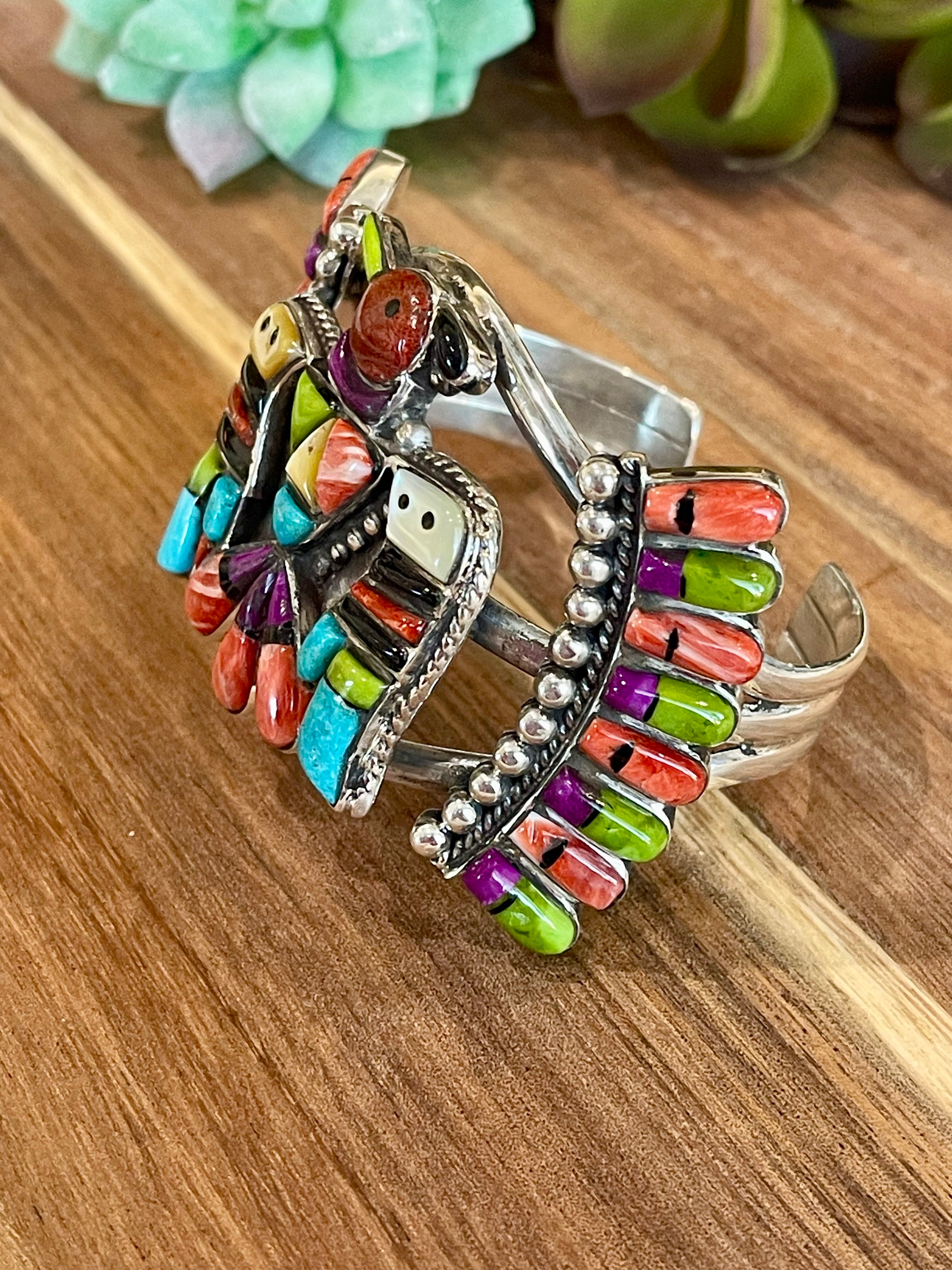 Handmade Sterling Silver Multi Stone Inlay Thunderbird Cuff Bracelet