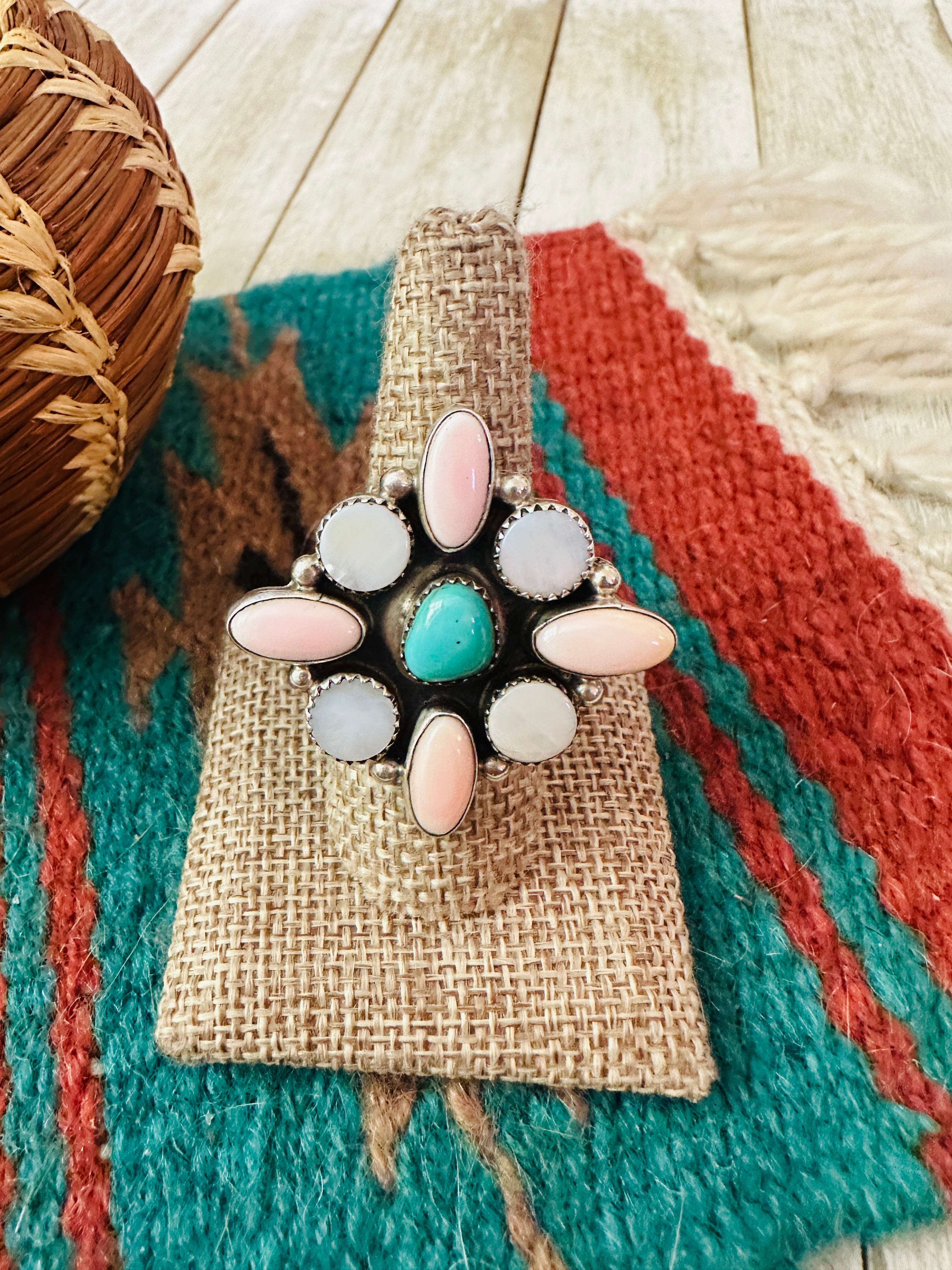 Handcrafted Queen Pink Conch, Mother of Pearl, Turquoise & Sterling Silver Adjustable Ring by Jacqueline Silver