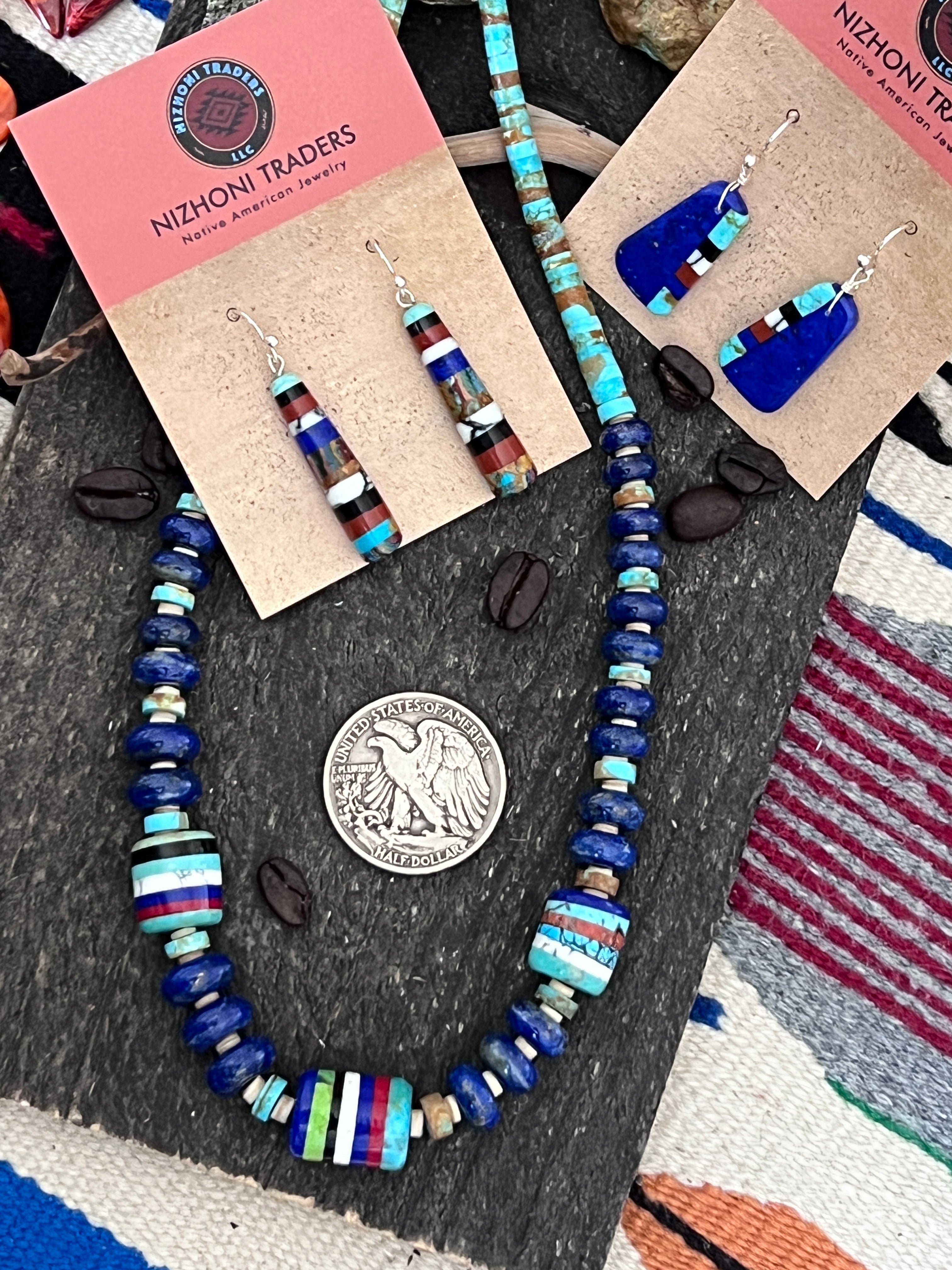Ronald Chavez Handcrafted  Multistone Beaded Santo Domingo Necklace with Lapis Rondelles