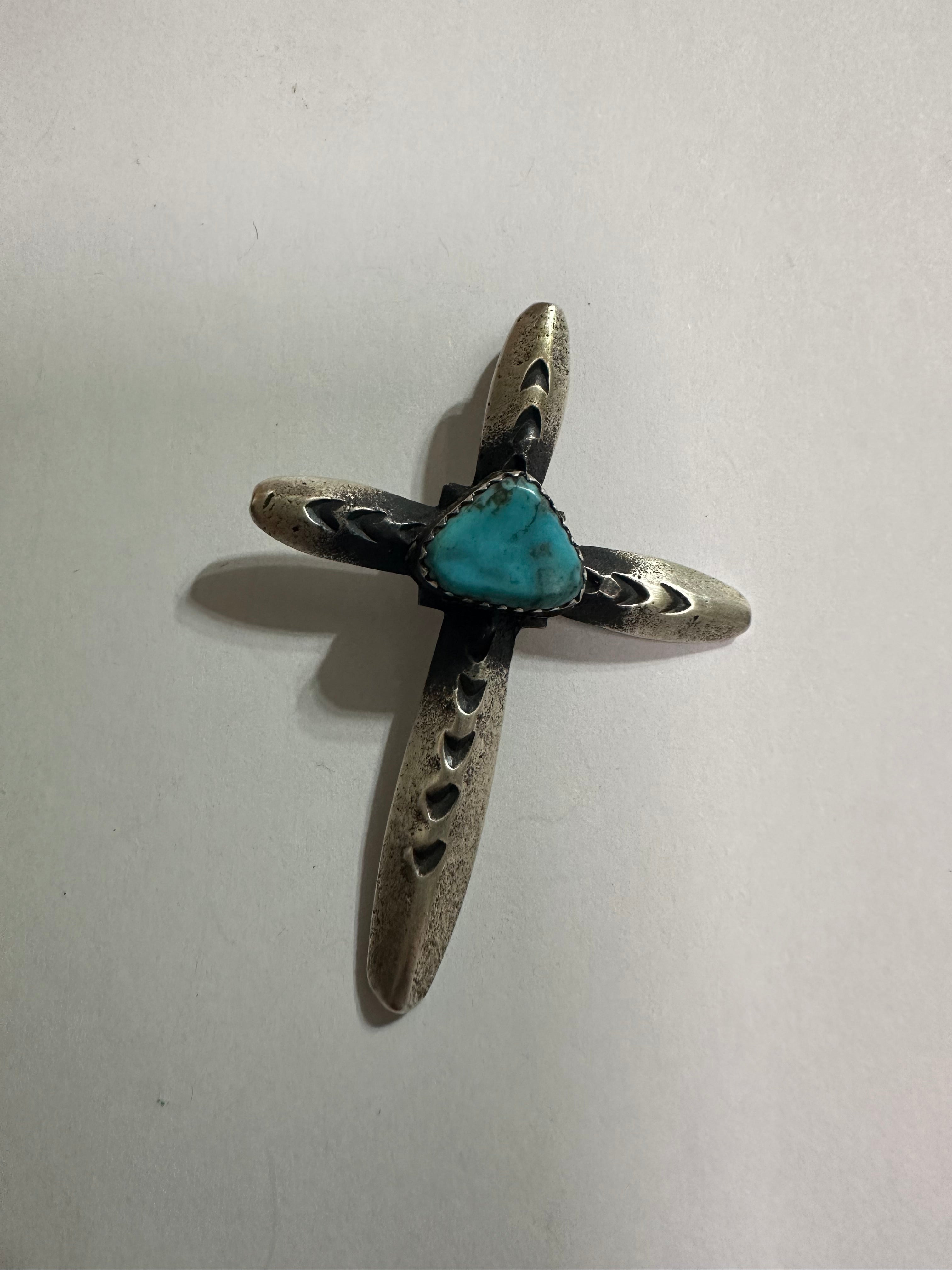 Beautiful Navajo Turquoise & Sterling Silver Cross Pendant Signed