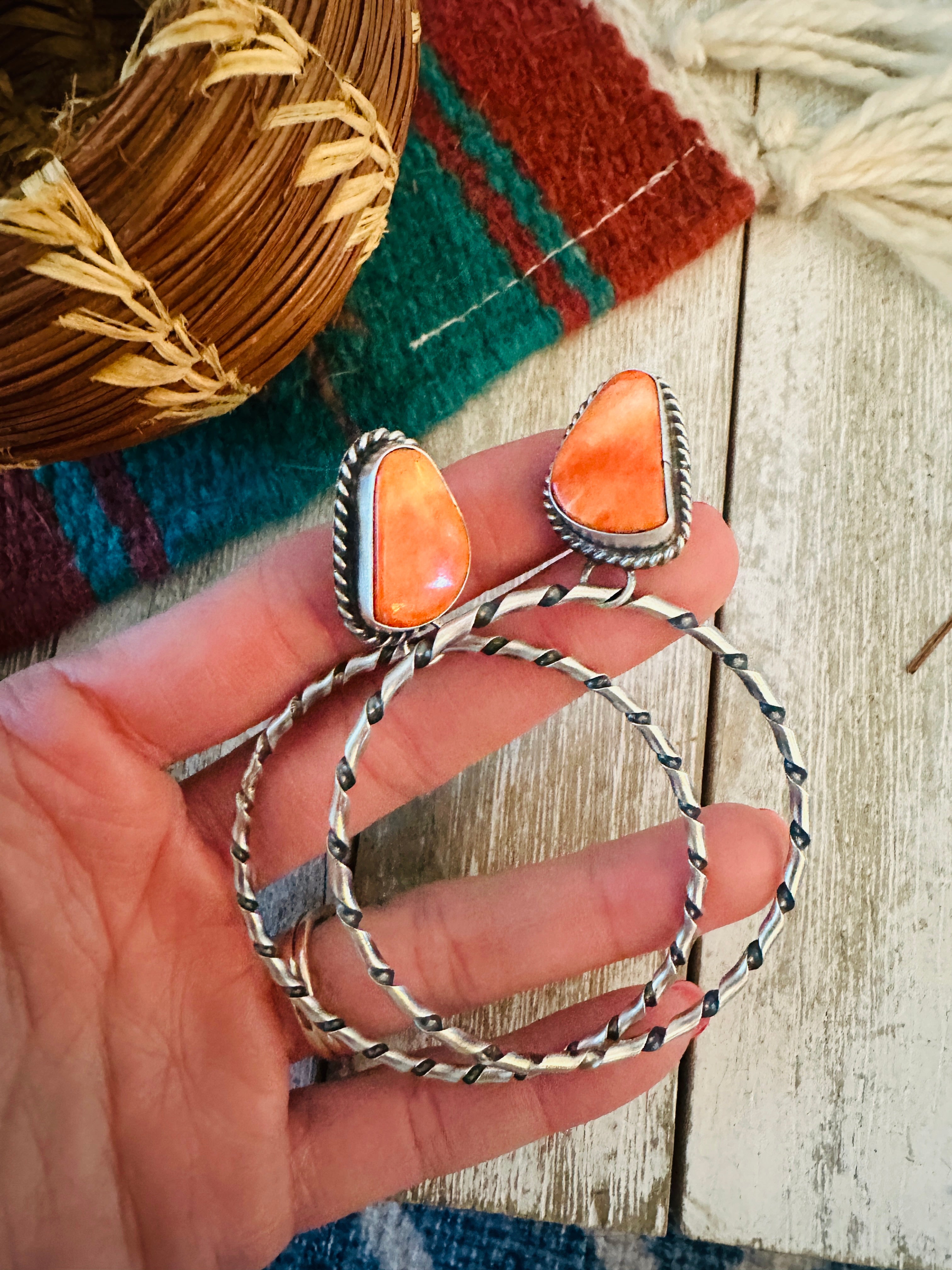Navajo Orange Spiny and Sterling Silver Dangle Hoop Earrings