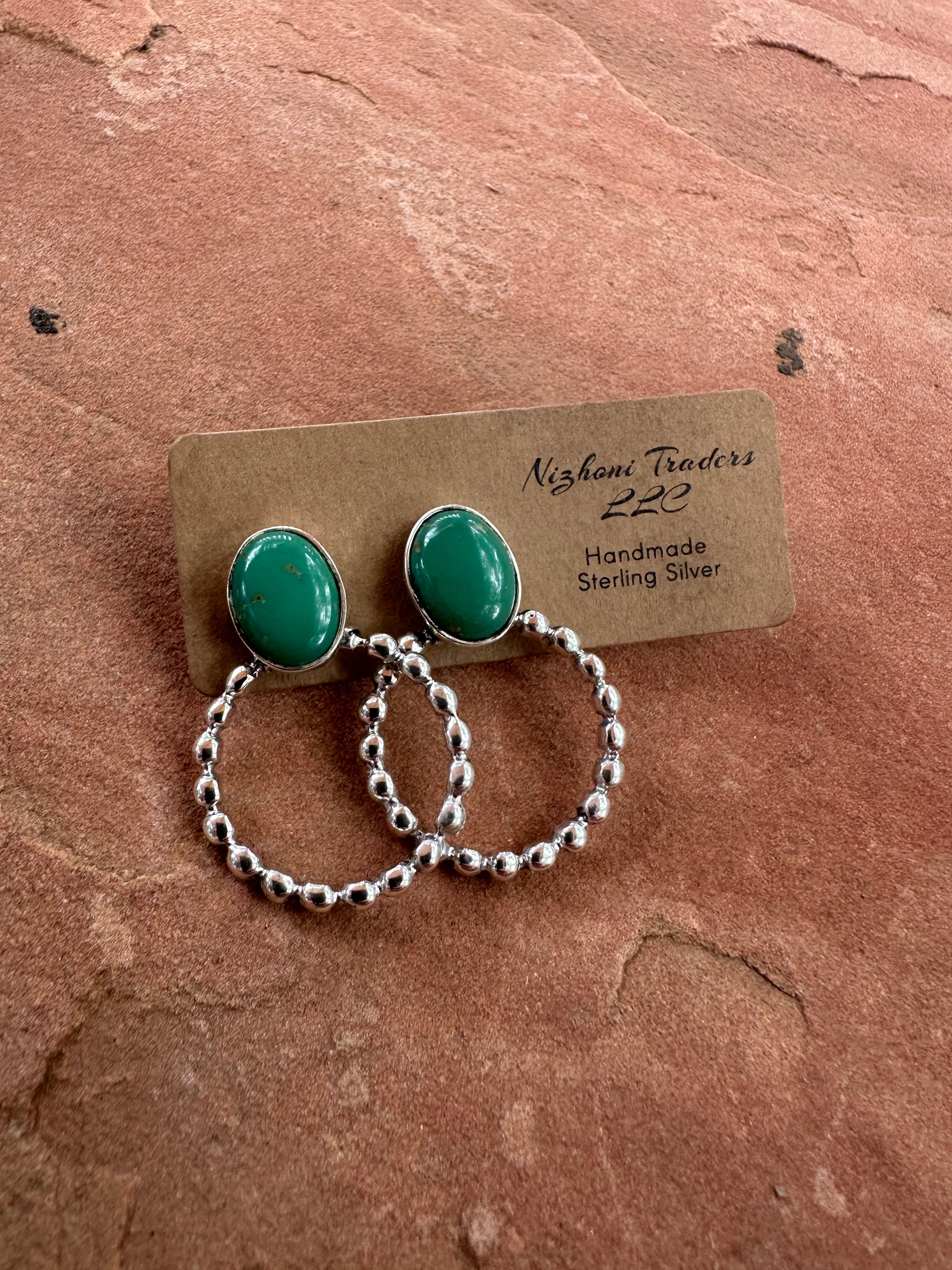 Handmade Turquoise & Sterling Silver Hoop Earrings GREEN TONES