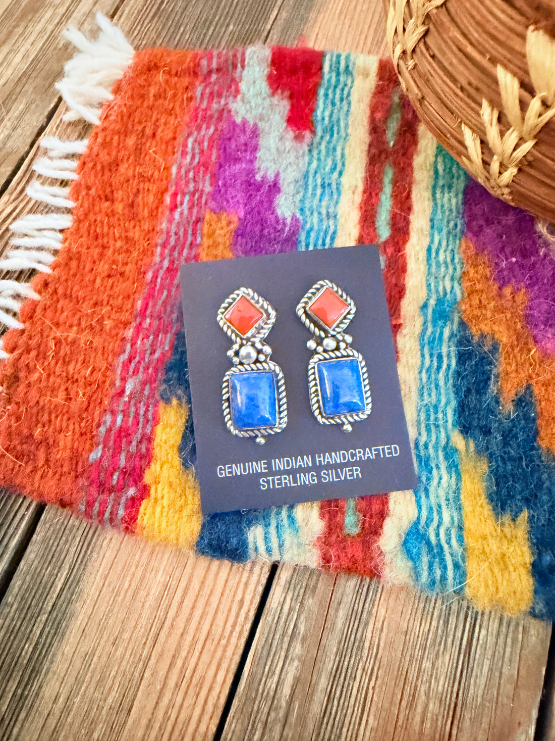 Handcrafted Lapis, Coral & Sterling Silver Dangle Earrings