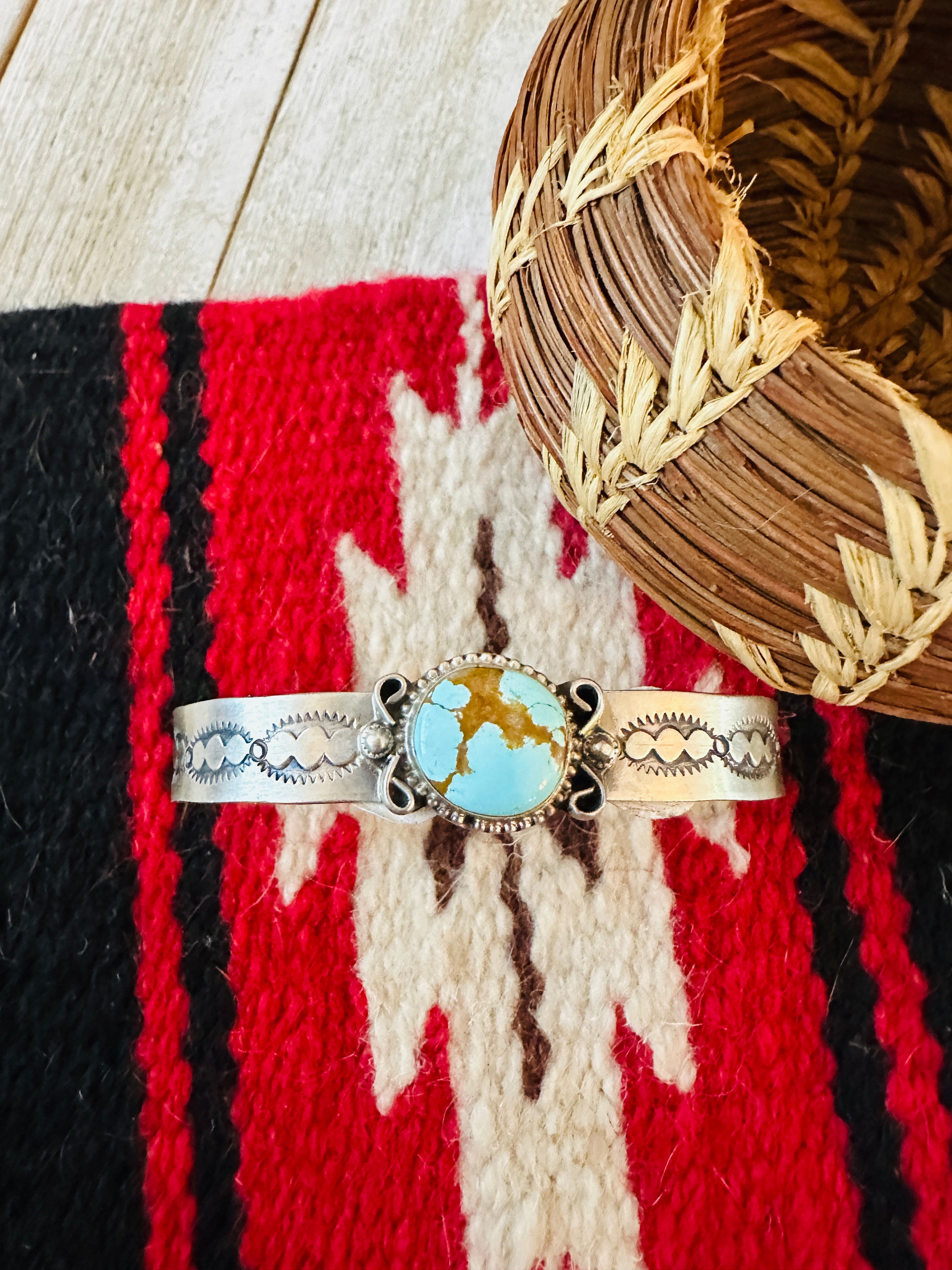 Handcrafted & Hand Stamped Sterling Silver & Turquoise Cuff Bracelet