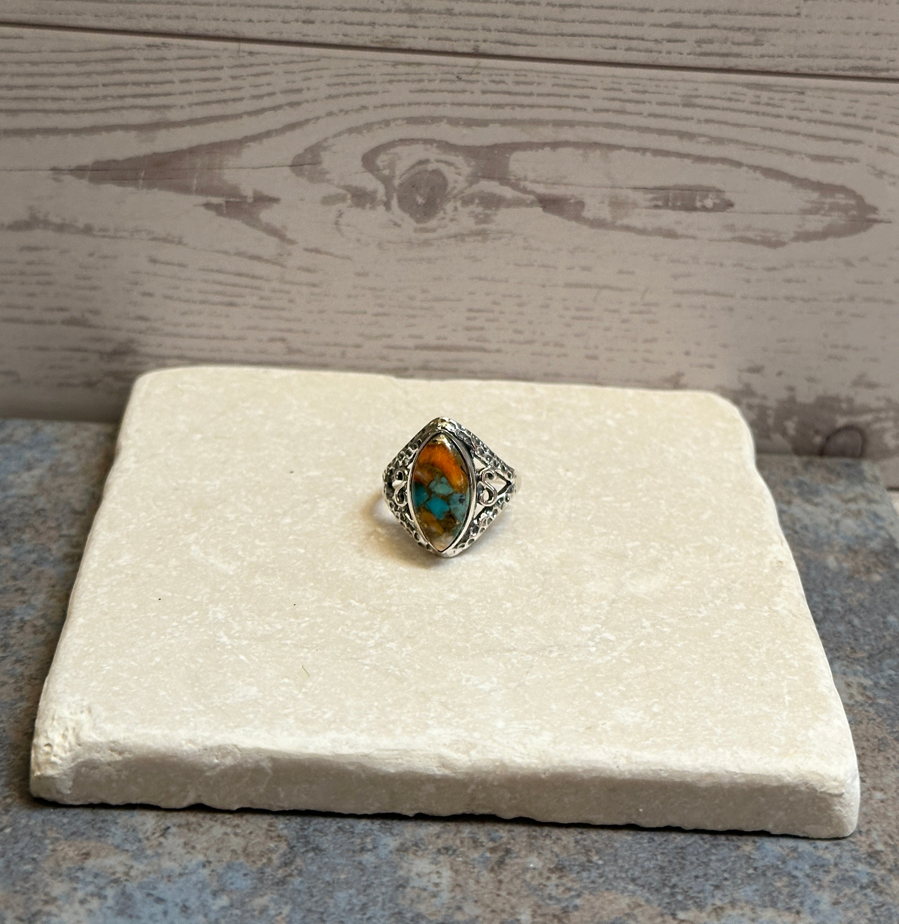 Sterling Silver Orange Spiny Turquoise Ring Size 7.5