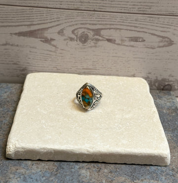 Sterling Silver Orange Spiny Turquoise Ring Size 7.5