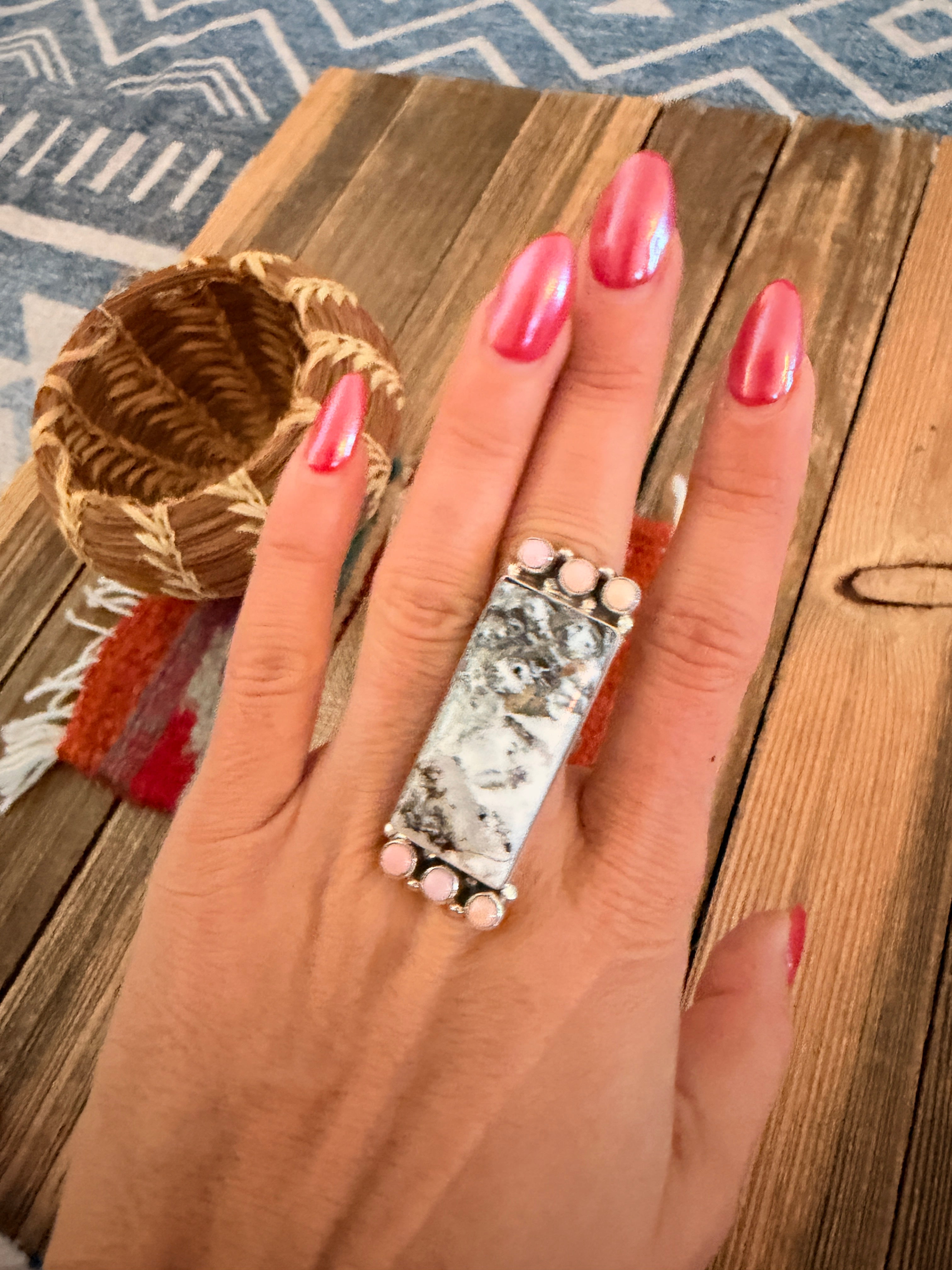 Handcrafted White Buffalo & Queen Pink Conch & Sterling Silver Adjustable Ring