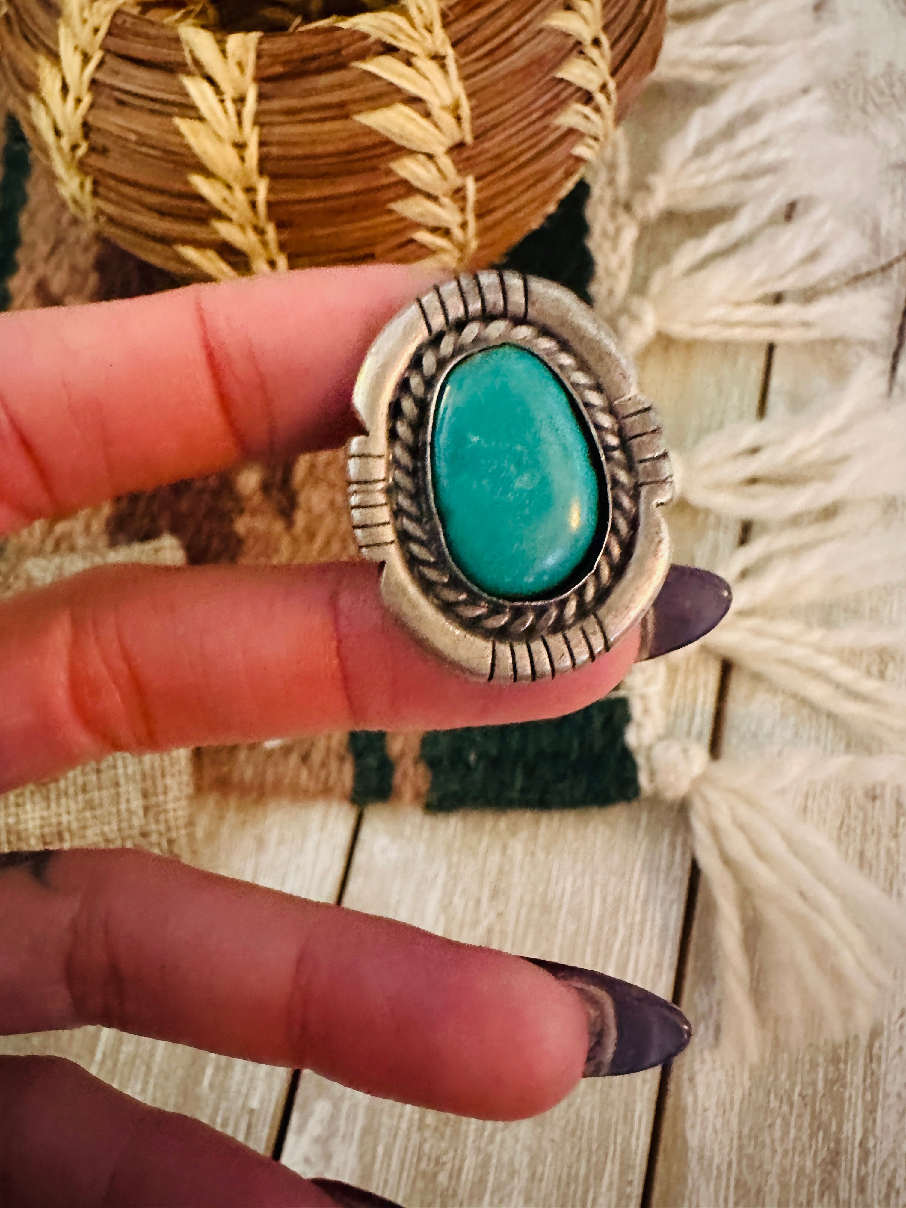 Old Pawn Handcrafted Turquoise & Sterling Silver Ring Size 7