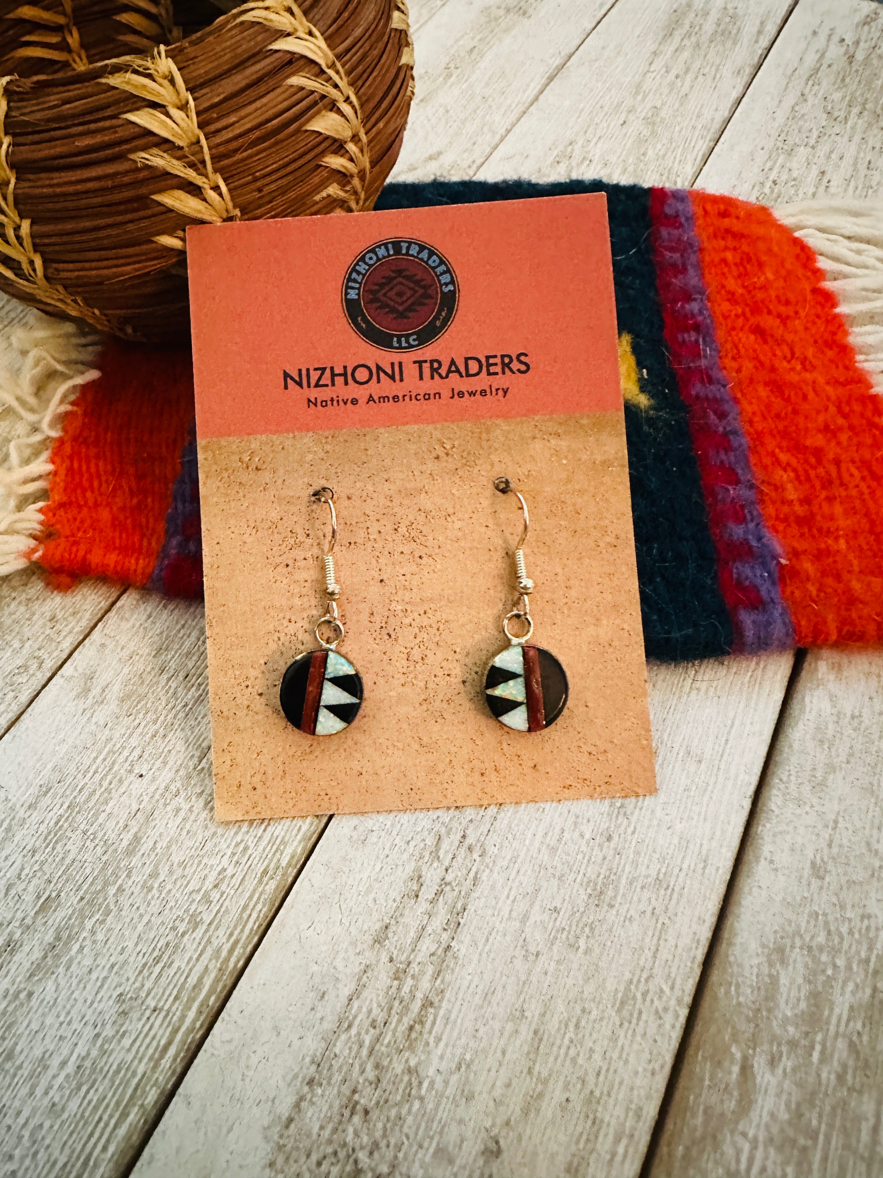 Zuni Multi Stone & Sterling Silver Inlay Dangle Earrings