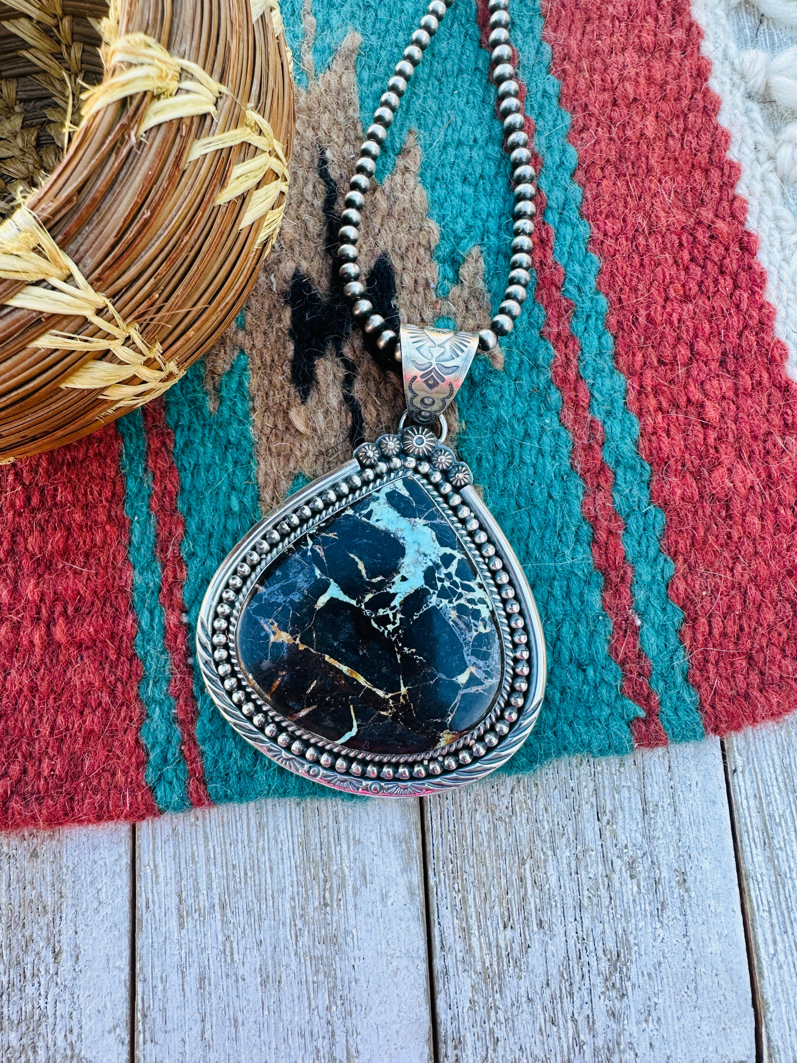 Handcrafted Sterling Silver & Blackjack Turquoise Pendant